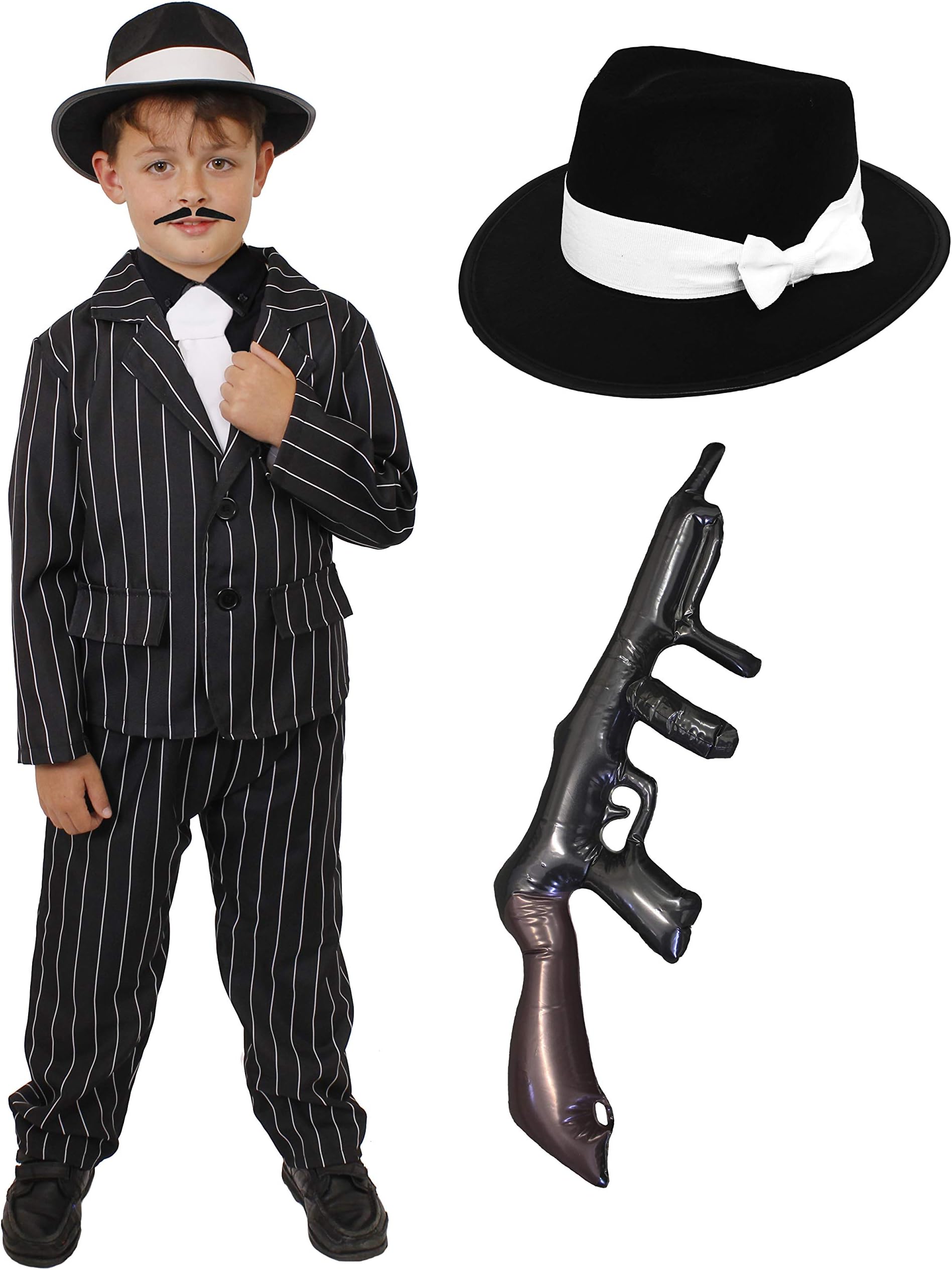 I LOVE FANCY DRESSCHILDS 1920's GANGSTER FANCY DRESS COSTUME - BLACK PINSTRIPE SUIT + WHITE TIE + BLACK TRILBY HAT + INFLATABLE TOMMY GUN - BOYS (4-6 YEARS)