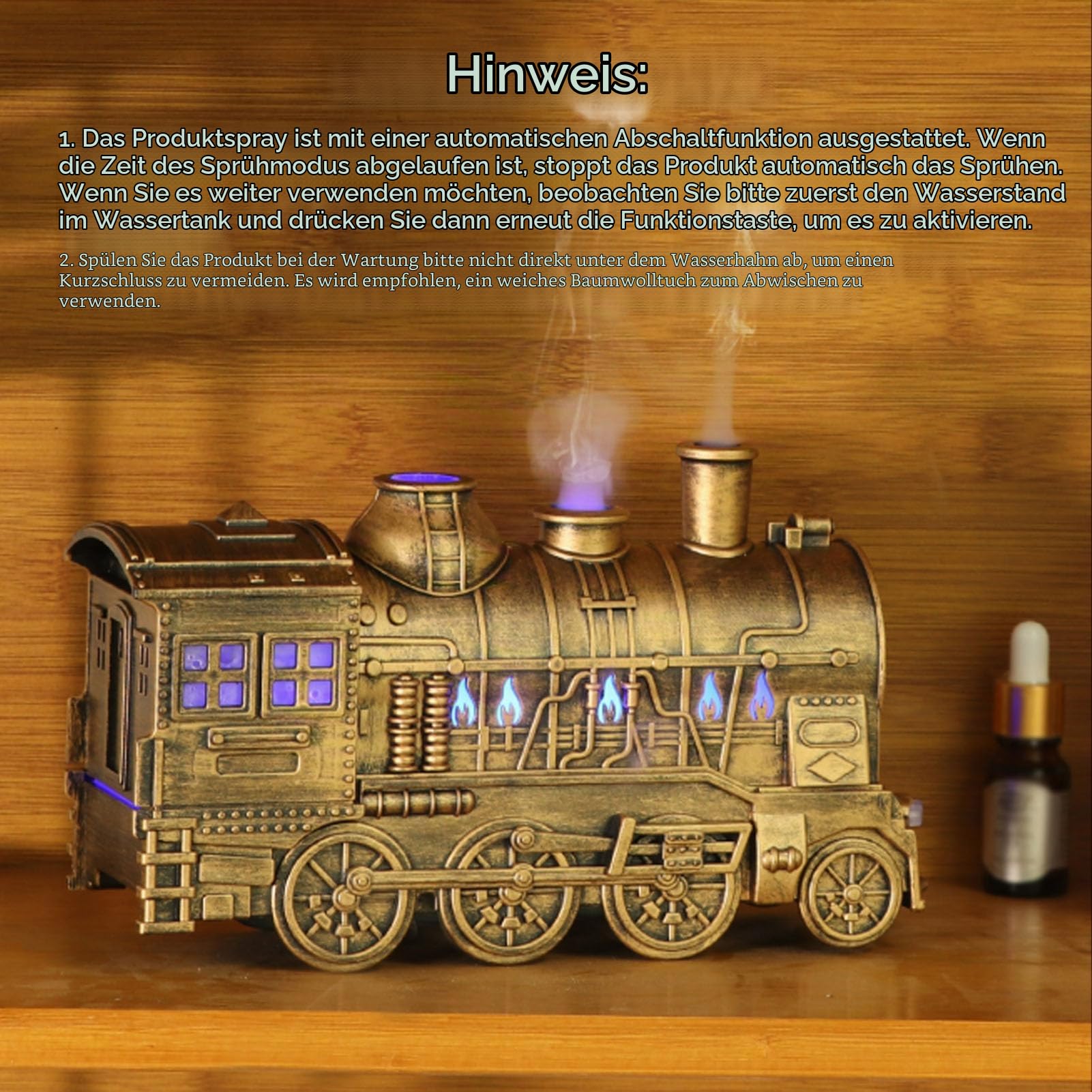 Luftbefeuchter Zug, 300ml Oil Diffuser Kaltnebel Therapie Luft Diffusor mit Doppelsprühauslass Automatische Abschaltung, Flammeneffekt (goldene mit Fernbedienung)