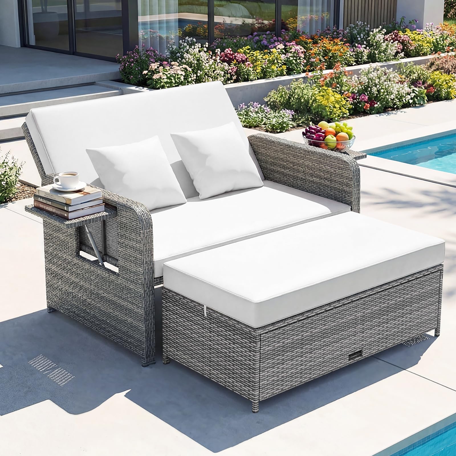 GIANTEX Set Divano da Esterno con Letto da Giorno 2 Pezzi, Divano a Due Posti in Rattan PE con Pouf Contenitore, Schienale Regolabile, Tavolini Laterali Richiudibili e Cuscini Morbidi (Bianco)