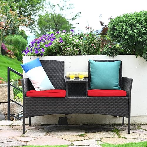 Miniatura 4 de Tangkula - Juego de sofá de mimbre para exteriores, juego de conversación de patio con cojines y mesa, moderno juego de muebles de patio, sofá de