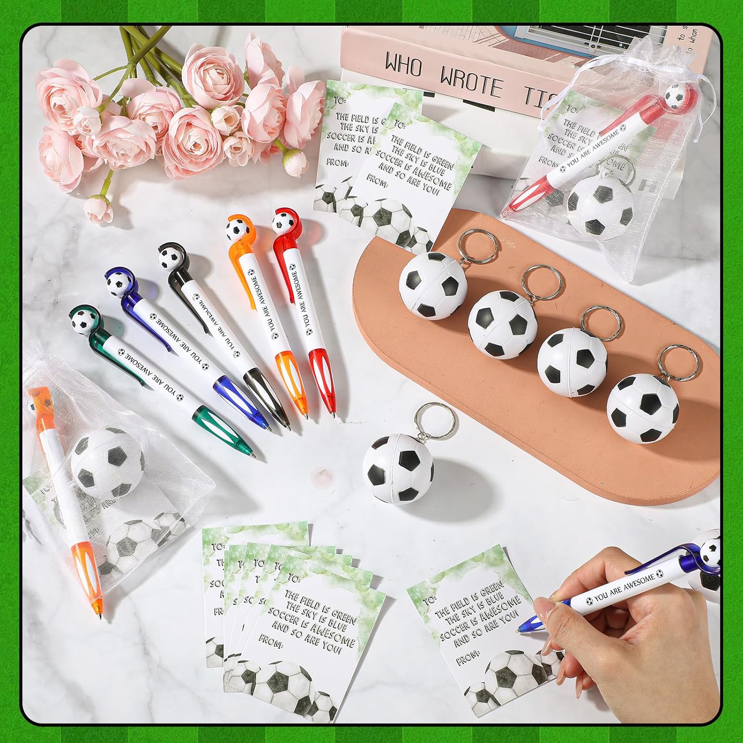 15 Sets Soccer Party Favors Team Gifts Include You Are Awesome Soccer Pens Stress Balls Keychains and Inspirational Cards