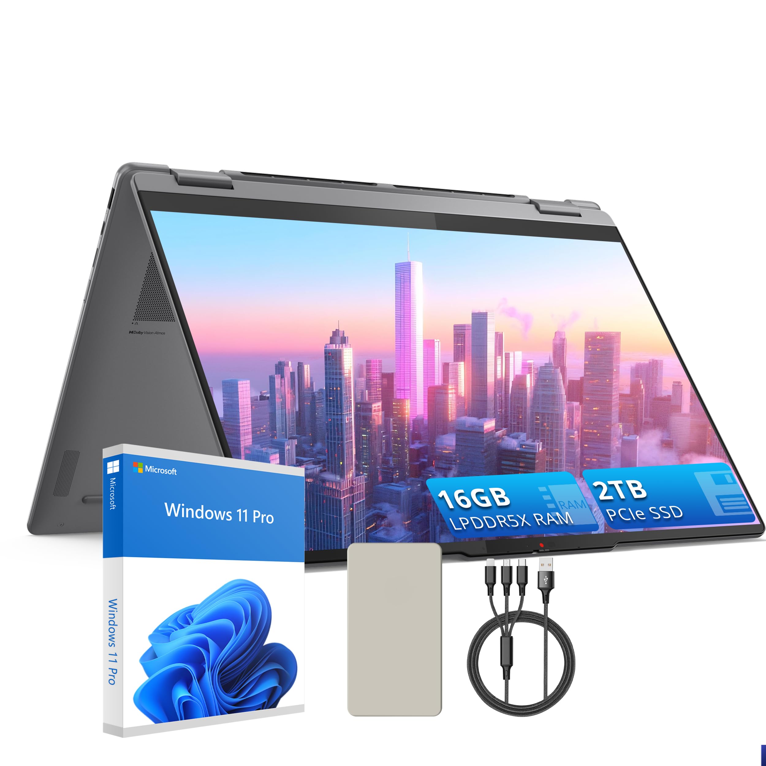 Lenovo Yoga 7i 16" 2-in-1 Laptop-2K Touchscreen Display-Intel Ultra 5 226V-16GB LPDDR5X RAM-2TB SSD-Arc Graphics-Backlit Keyboard-Fingerprint Reader-Win 11 Pro-Gray-128GB Docking Station Set
