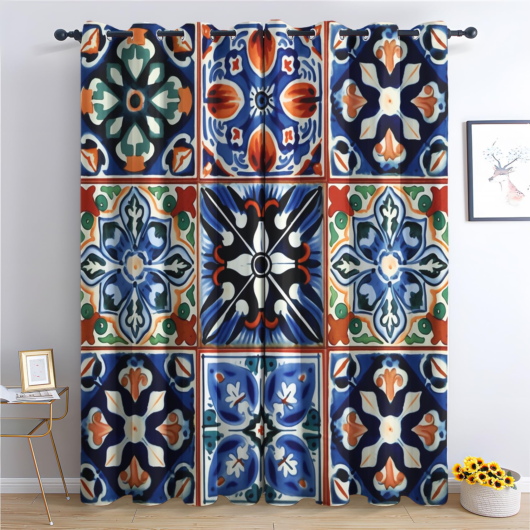 QEODAH Moroccan Curtains 213cm Drop, Colourful Moroccan Tile Oriental Patchwork Patterned Blackout Curtains for Bedroom, Living Room Decor, Soft Thermal Insulated Eyelet Drapes for Windows - 2 Panels