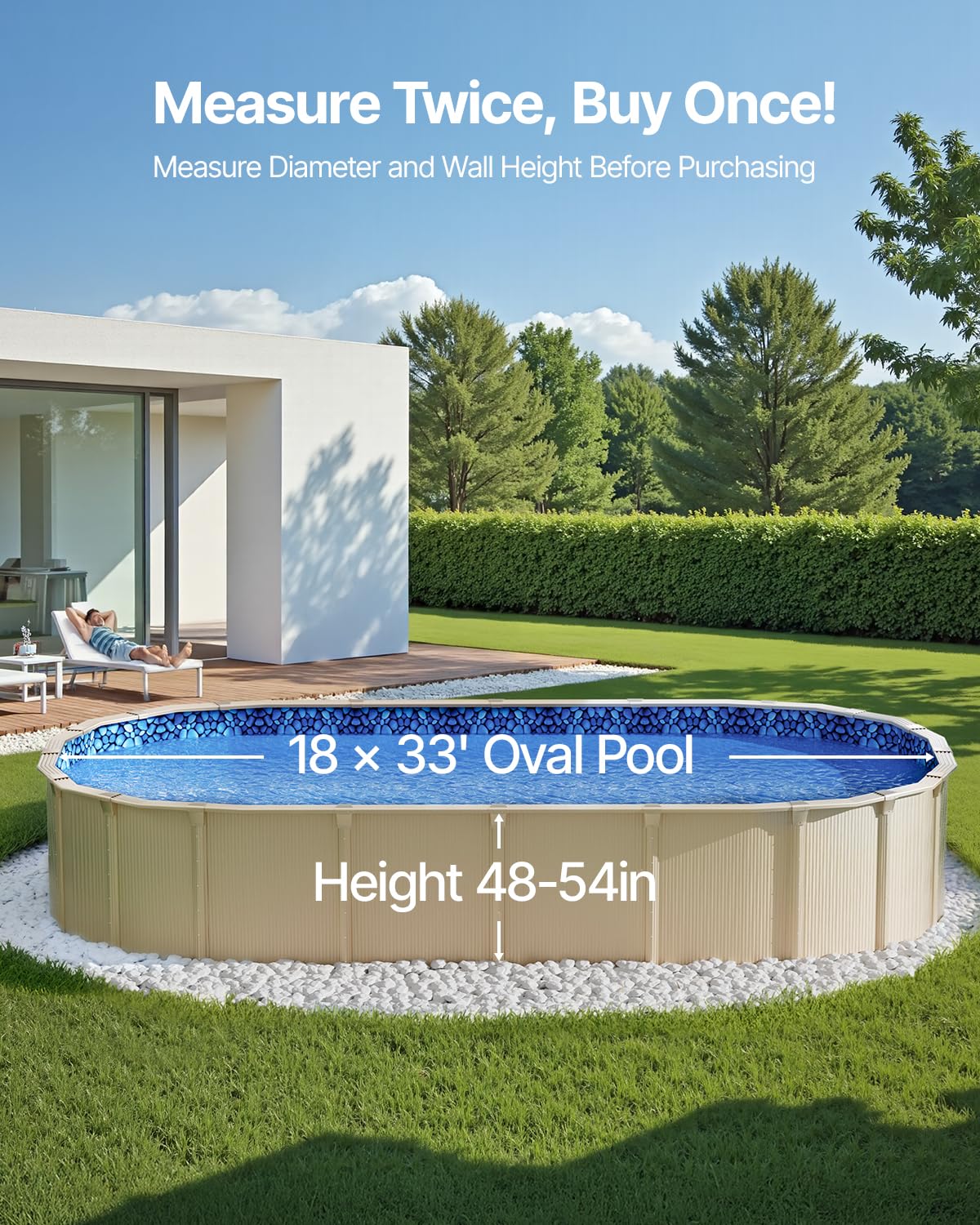 Condition photo showing New/Like New for vevor 18-foot-by-33-foot oval pool liner for overlap above ground swimming pools, 48-to-54inch wall height, durable standard gauge vinyl