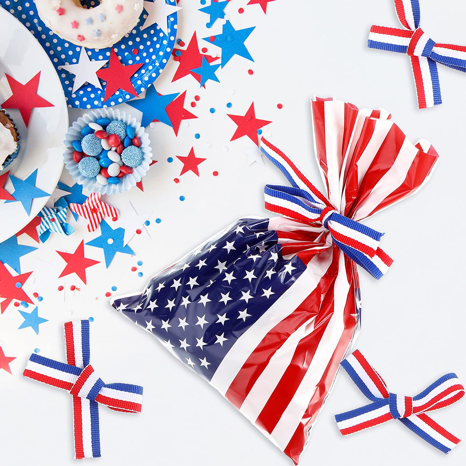 Tenare 100 Pcs Patriotic Gift Cellophane Bags Bulk Plastic Red White Blue American Favor Flag Cellophane Bags 4th of July Treat Goodie Candy Pouches with Ribbon for Veterans Party Favors