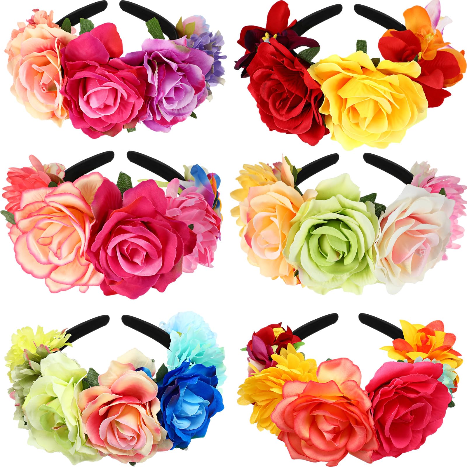 Kigeli 6 Pcs Mexican Flower Headband Fiesta Rose Floral Crown Easter Mardi Gras Headpiece for Women Girls Party Cosplay(Bright Color)
