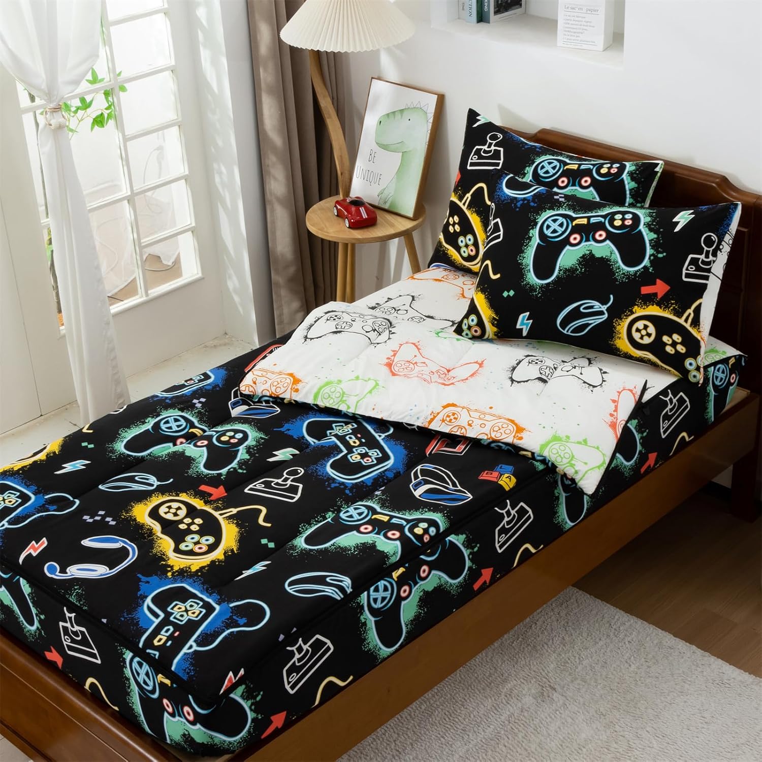 Btargot Black Game Console Theme Glow in The Dark Durable Zipper Bedding for Kids Boys Girls, Bed in a Bag, Twin Size