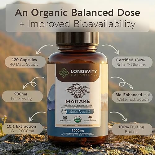 Vista 2 de Longevity Botanicals Cápsulas de extracto de hongo Maitake orgánico (120) Proporción concentrada de 10:1 Cuerpos 100% fructíferos Suplemento
