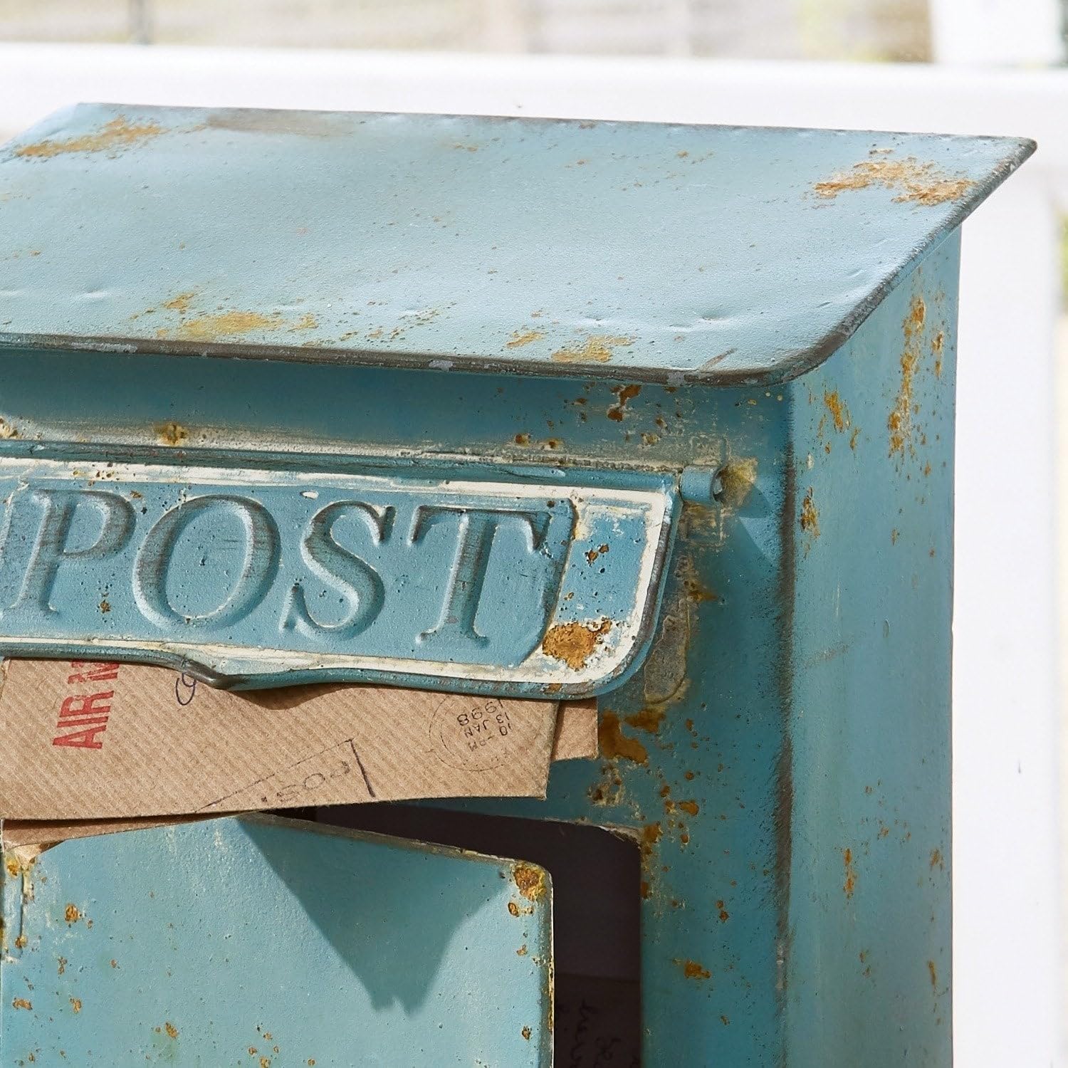 Loberon Boîte Postale Boîte aux Lettres décorative - avec Porte et Rabat - Métal à l’Effet Vieilli, Bleu Vieilli