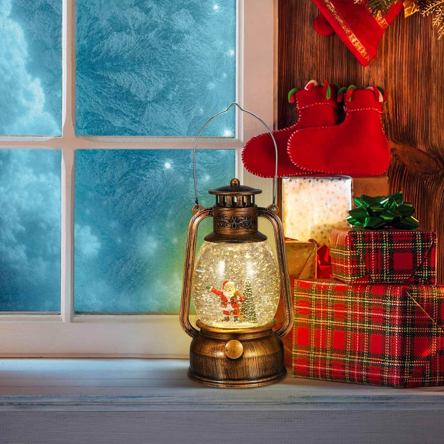 DOITOOL Christmas Musical Snow Globe Lantern with Santa Glitter Lighted Holiday Music Box USB Battery Operated Romantic Snow Lantern for Festive Home Decoration and Seasonal Celebration