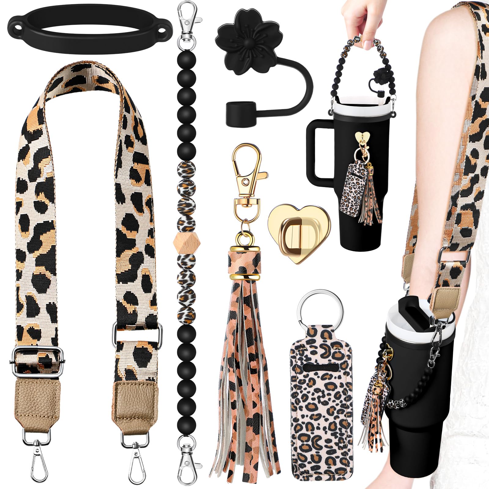 Skylety 7 Pcs Leopard Silicone Cup Accessory Set Compatible with Stanley Cup Leopard Beaded Bottle Strap Carrying Strap Lipstick Holder Tassel Charm Straw Cover Bottle Ring 8-40 oz Tumbler(Black)