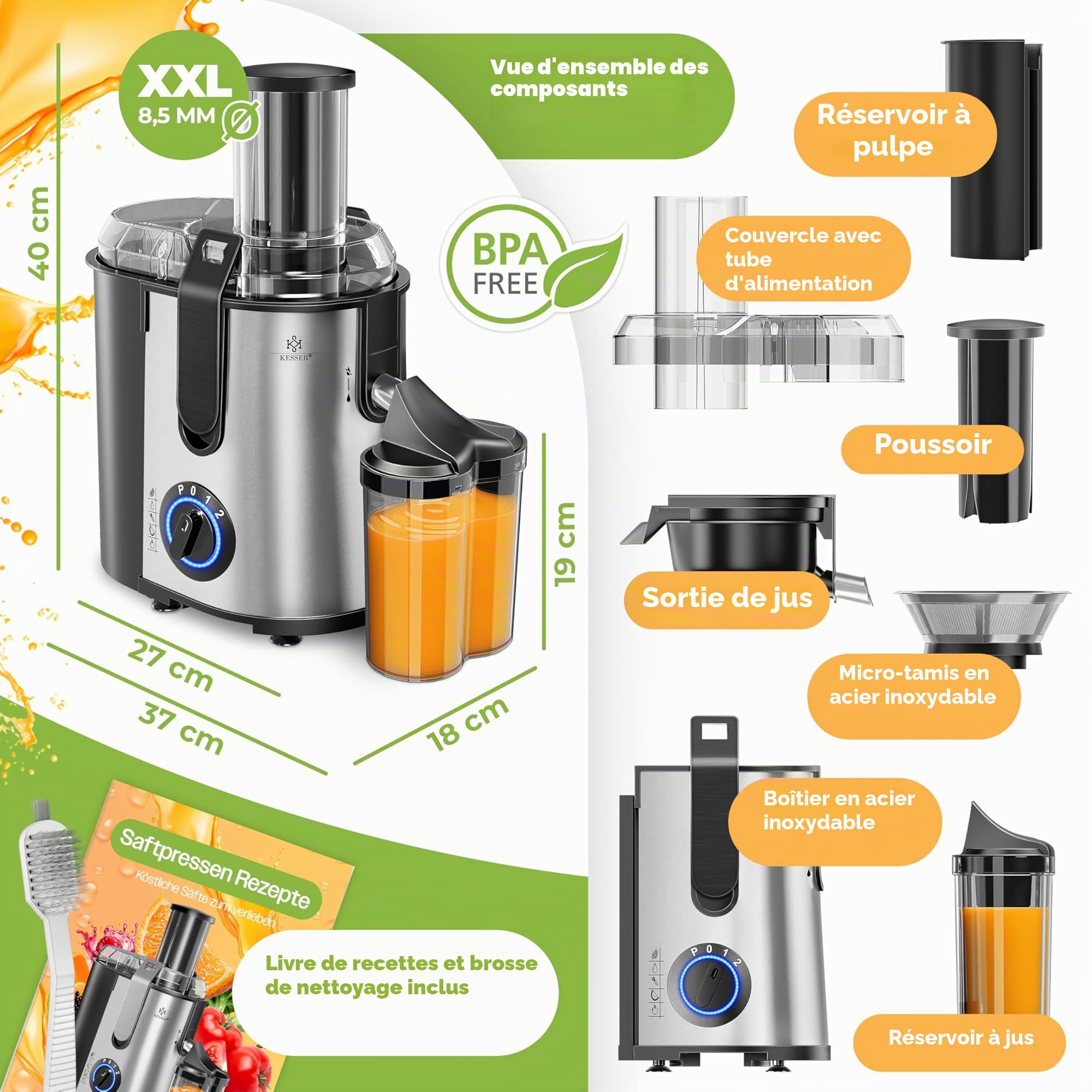 KESSER - Centrifugeuse en Inox Fruits et légumes 1100W, Extracteur de jus, Capacité 1L, Ouverture 85mm