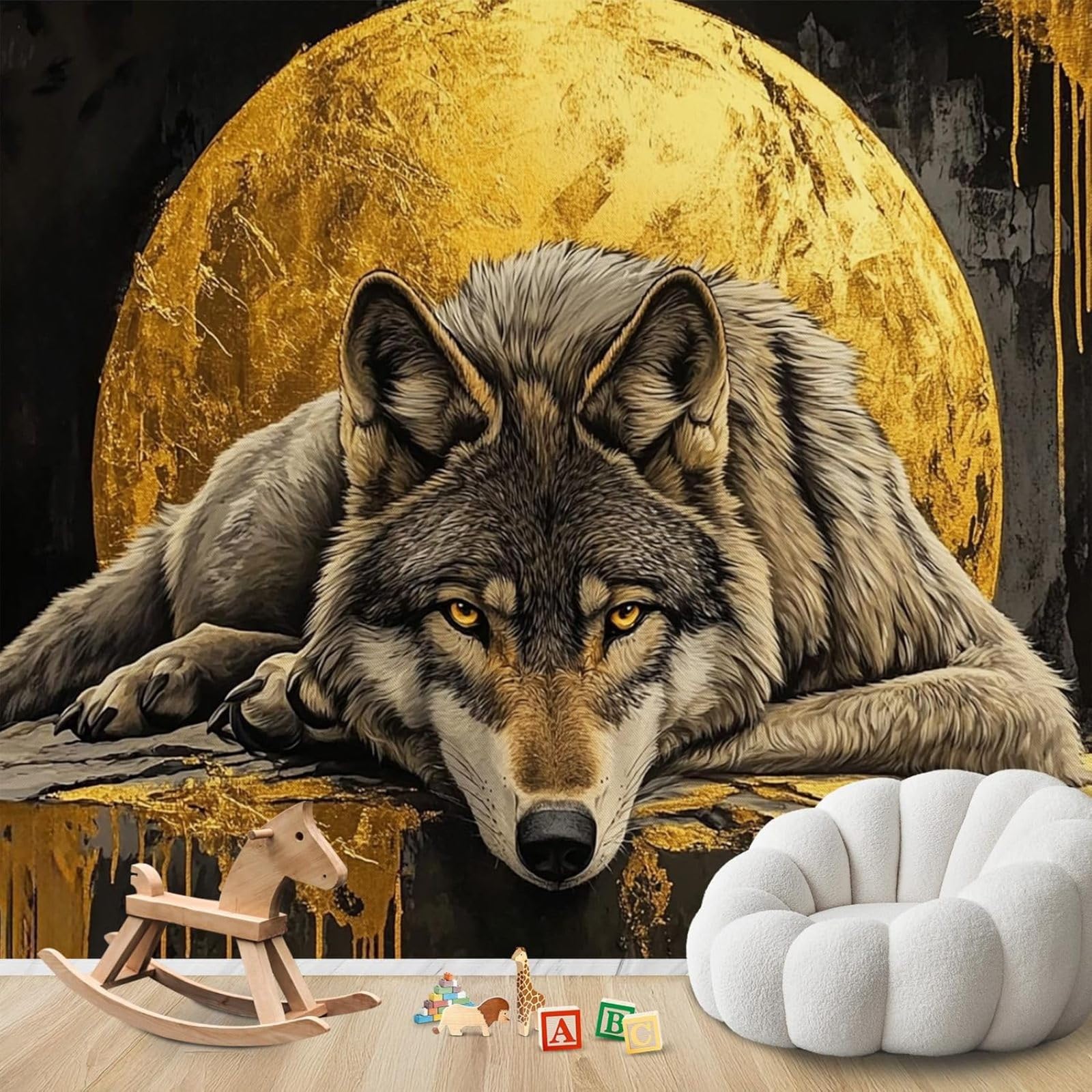 hgjdjhnf Photo Wallpaper Wolf Gold Moon Non-Woven ModernLiving Room Bedroom Children's RoomDecoration Motif Wallpaper,300cmx210cmSticker - Background- Painting - Poster