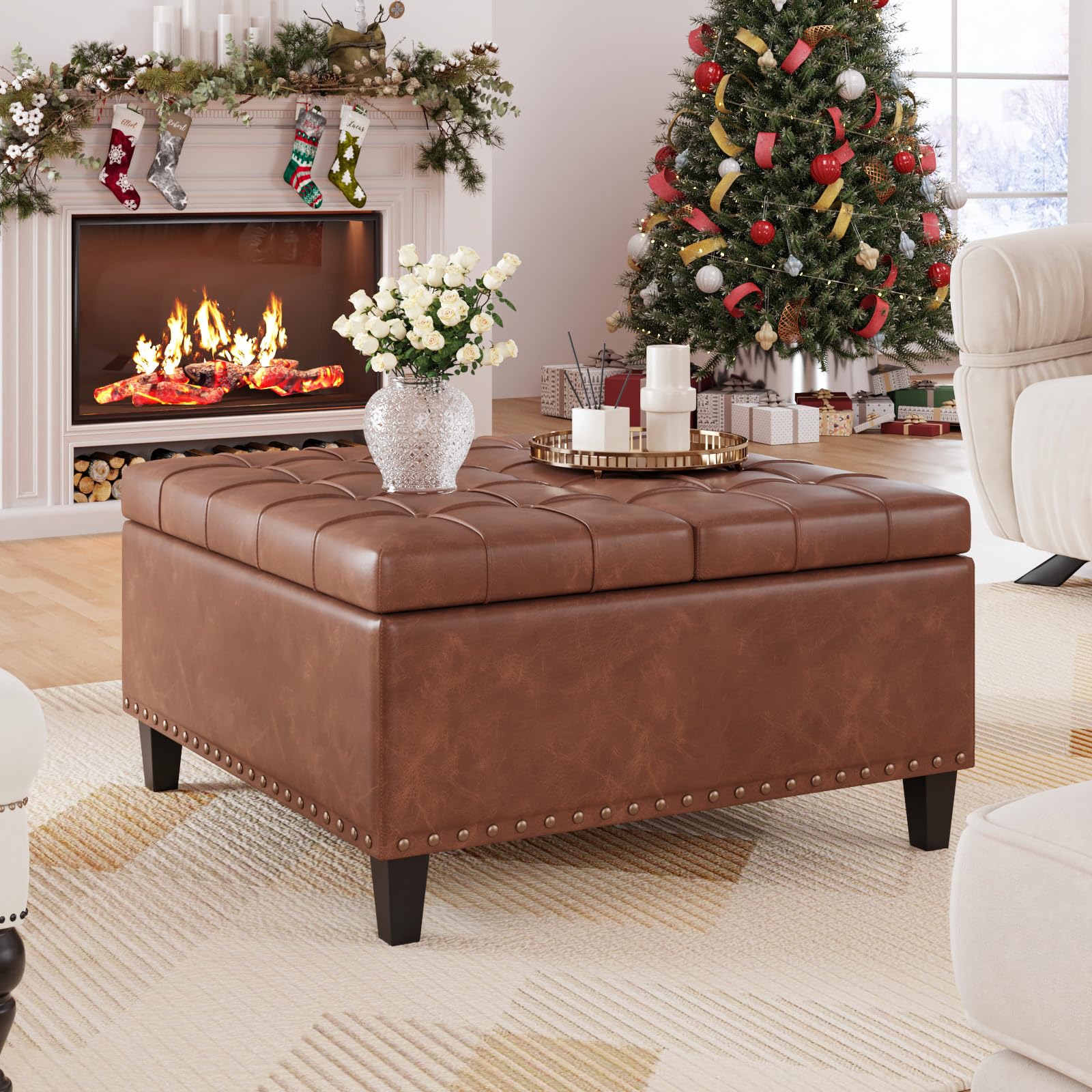 FiveWillowise Square Leather Ottoman with Storage, Faux Leather Coffee Table with Lift Top,Large Upholstered Footrest Stool Toy Box Storage Bench for