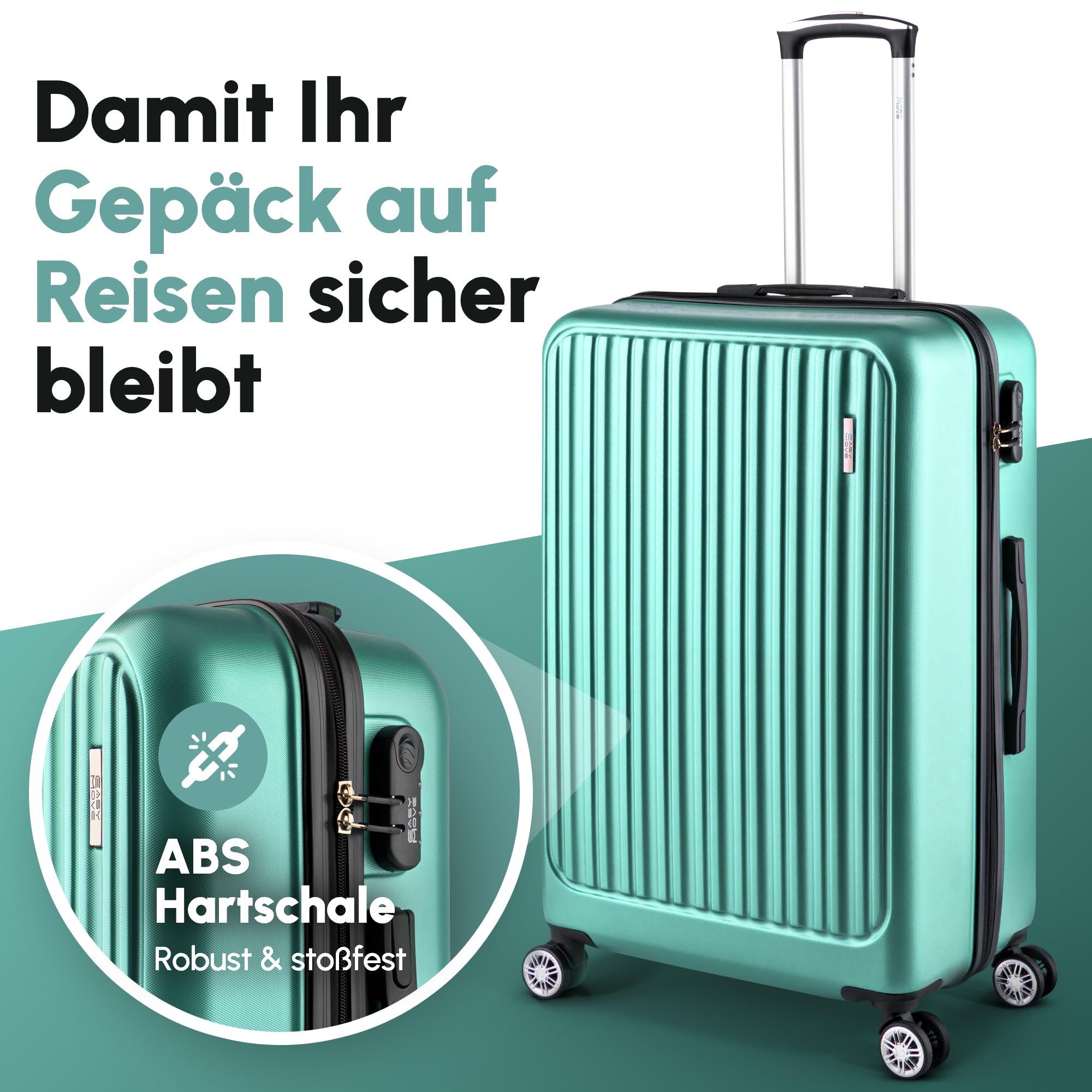 ABS Hartschalenkoffer - Ergonomisch & Sicher - Kleiner Trolley Koffer mit 360° Rädern, Zahlen Schloss - Rollkoffer, Reisekoffer Klein (Silver Green, 54cm)