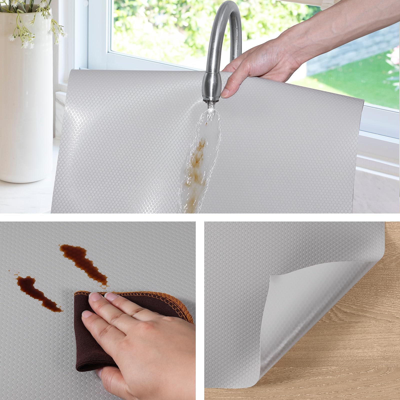Revestimientos de estante gris claro para gabinetes de cocina, forro de cajón no adhesivo para baño, impermeables, para refrigerador, tapetes de plástico, forro de armario, 23.6 x 236.2 pulgadas