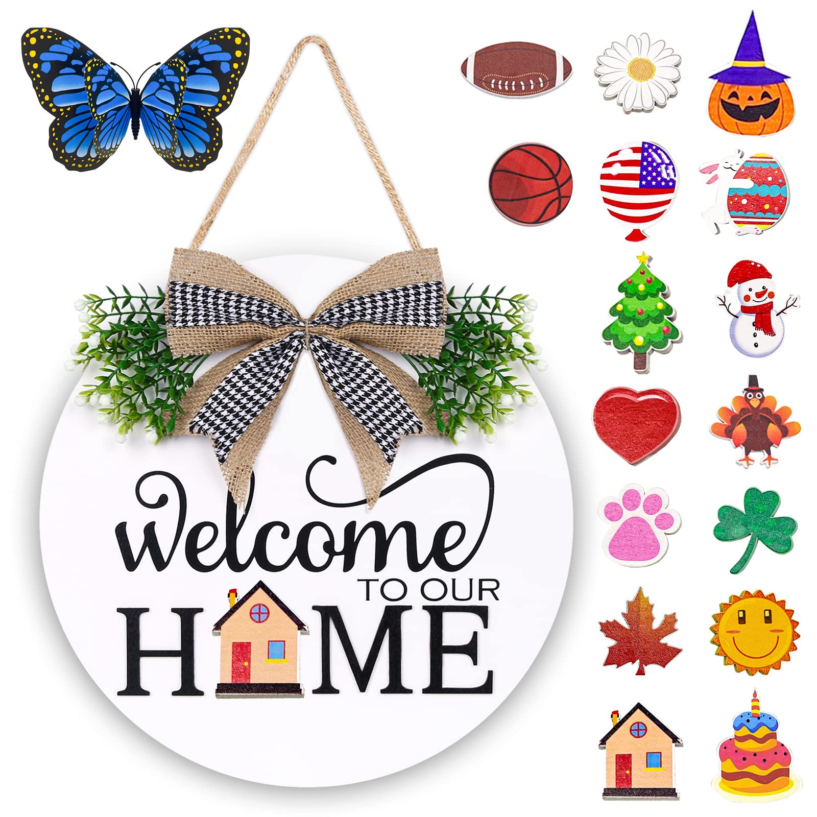 Interchangeable Welcome Sign for Front Door - Solid Wooden Welcome Wreaths with 16 Seasonal Holiday Icons Front Door Decor for Farmhouse Hanging, Thanksgiving, Halloween, Christmas Fall for Outsidee