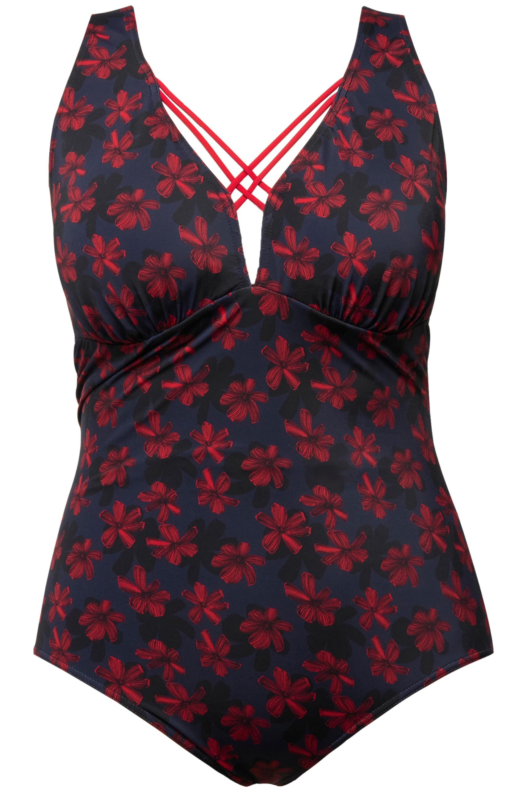 Ulla Popken Femme Grandes Tailles Maillot de Bain, Fleurs, Rubans Fantaisie, Bonnets Souples Marine 62 827035130-60
