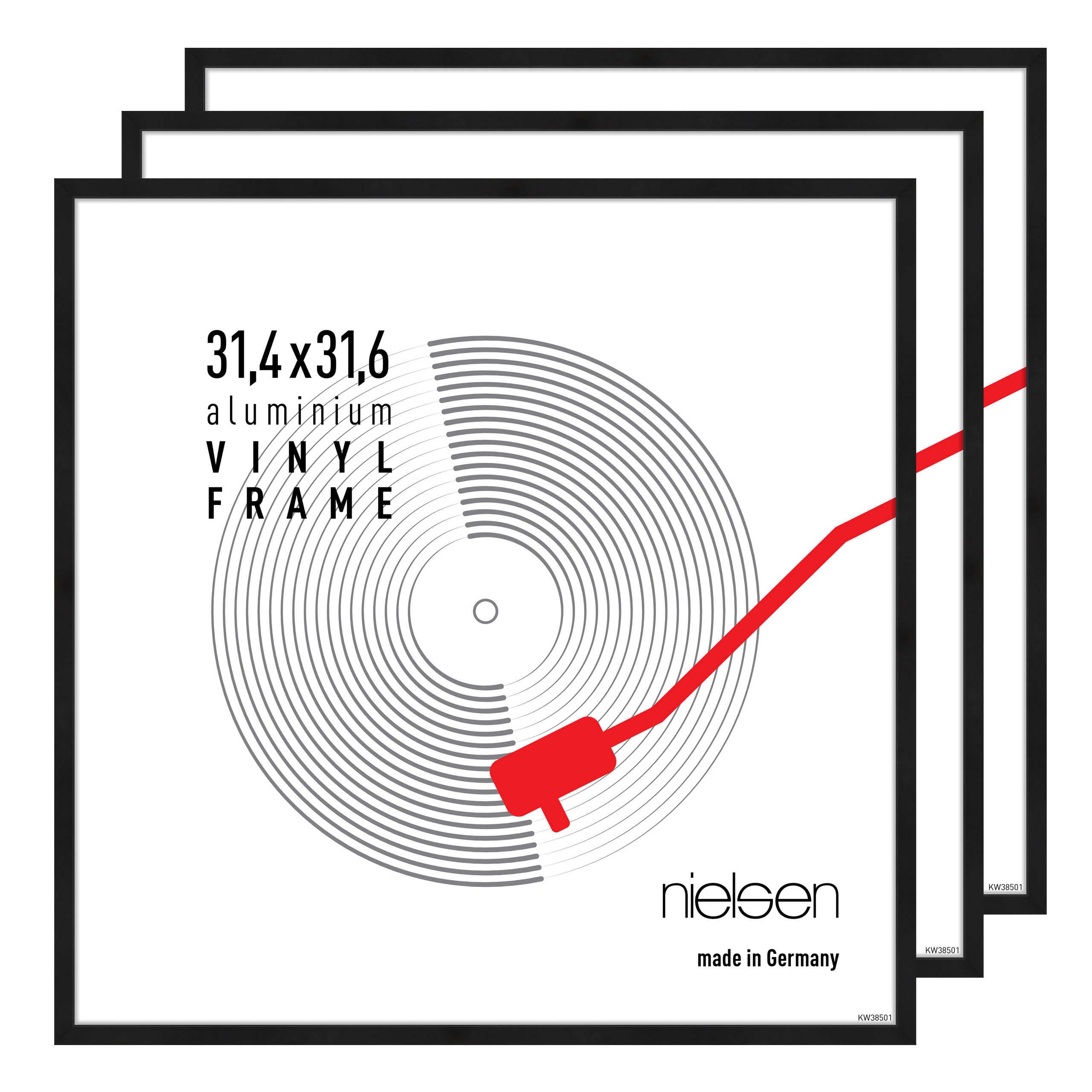 nielsen Vinyl Record Display Frame - Matt Black Aluminium 31x31x2.5cm - fits Double LPs (Pack of 3) - with Easy Push-Turn Clips
