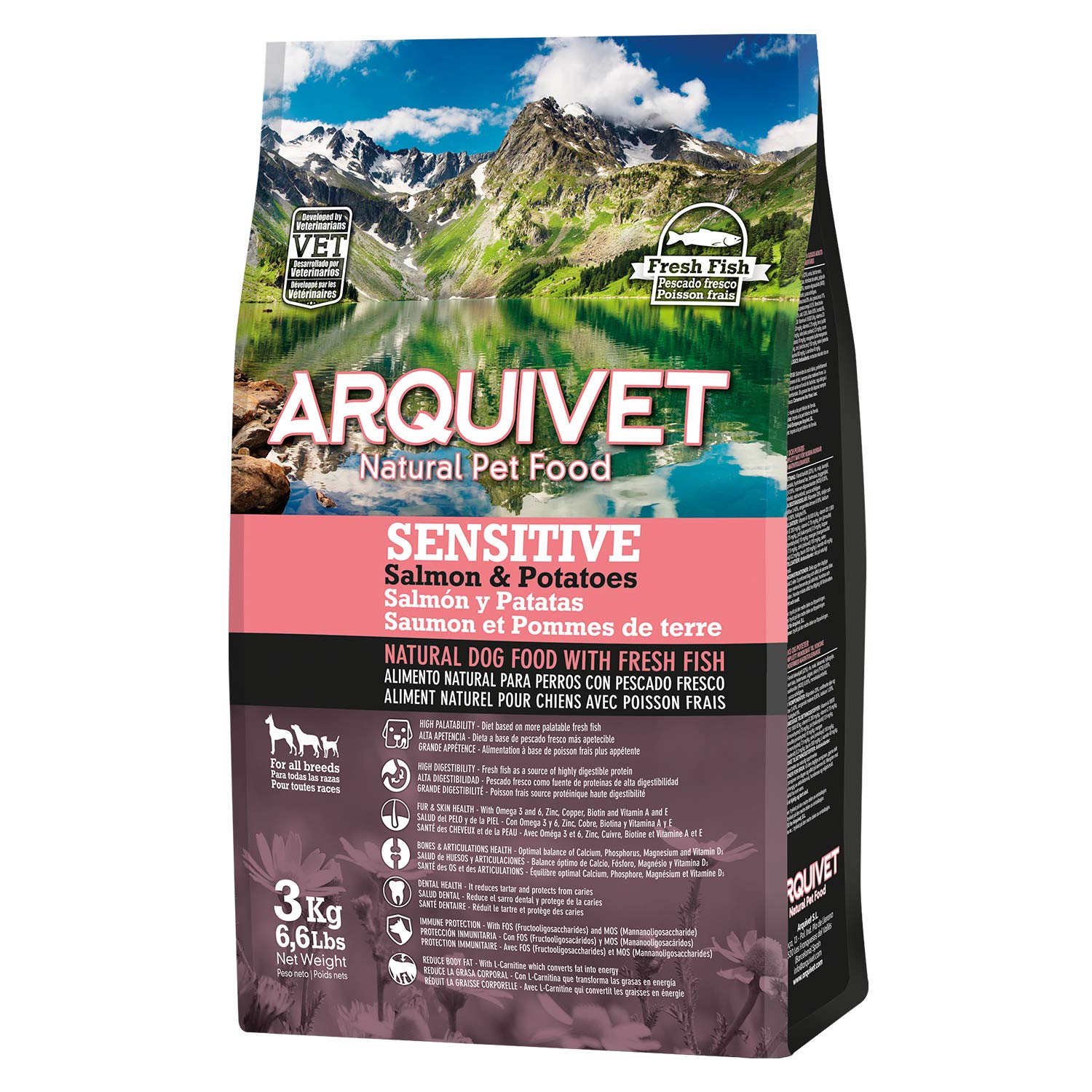 ARQUIVET Pienso Premium Sensitive Salmone e Patata 3 kg - Penso Naturale per Cani Adulti di Razze Grandi - Alimento Secco per Cani - Alta digestibilità, gastrointestinale