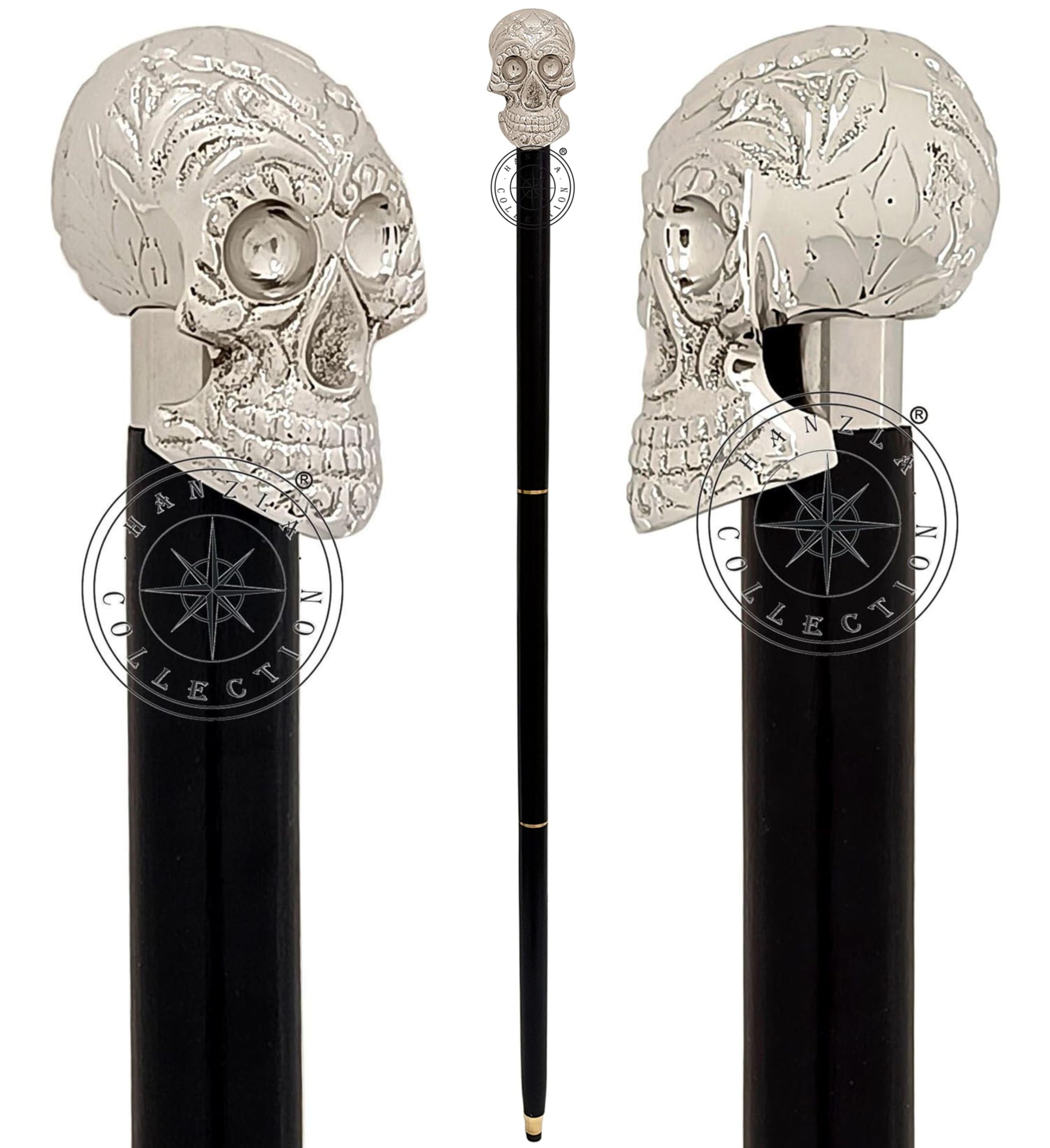 Skull Head Design Cane Wooden Walking Stick Vintage Gift for Men & Women, Skull Handel Walking Stick Hardwood Shaft Cane, Solid Brass Handle Walking Cane, Skull Knob Carved Cane