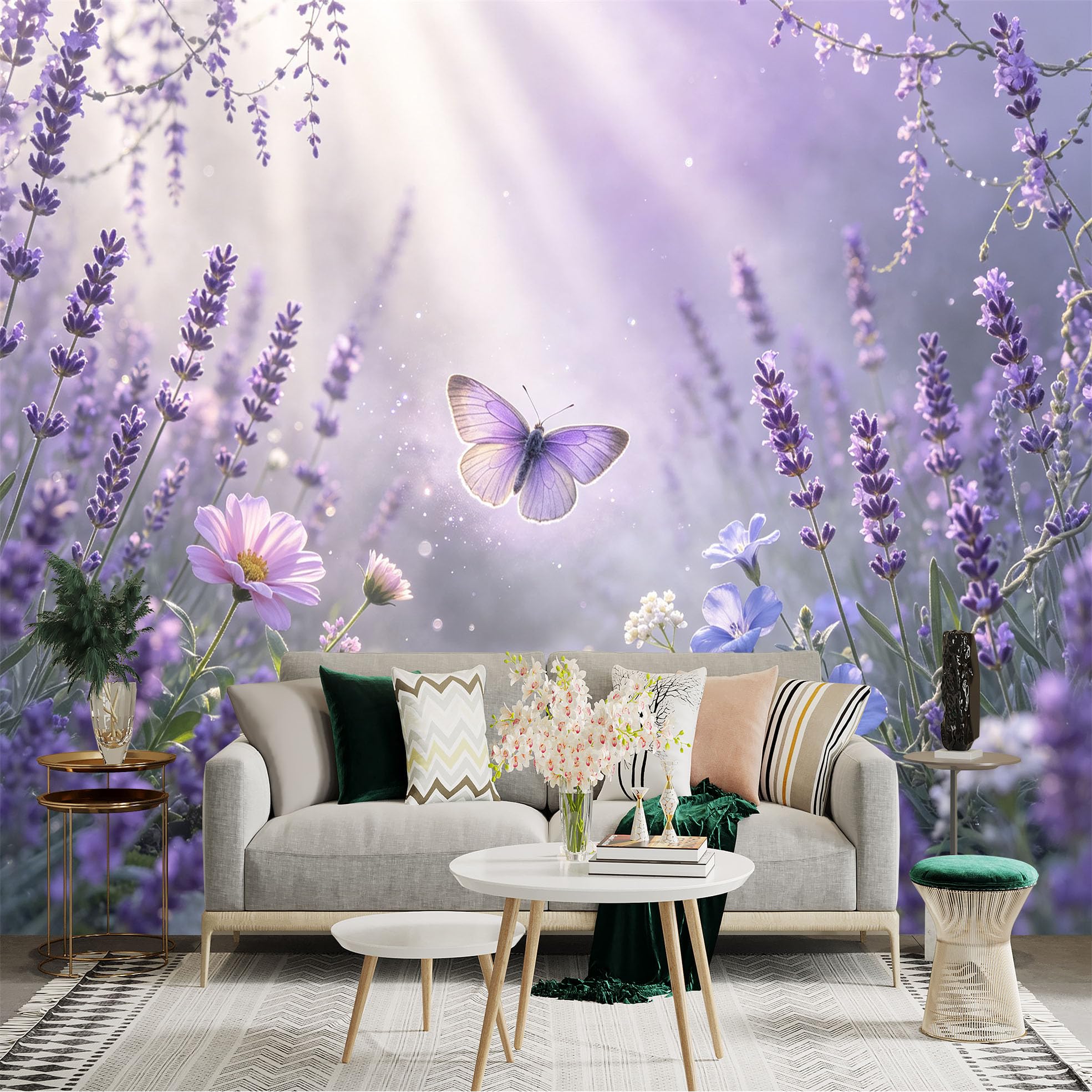 Lnzczhyre Bh260719722 Custom Size Wall Sticker Mural， Flying Purple Butterfly， Blooming Lavender Garden， Soft Sunlight， Dreamy Floral Meadow， For Wall Decoration， Peelandstick Wall Decals.