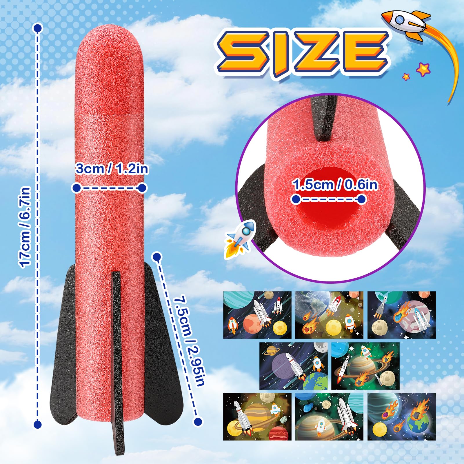 Anginne Razzi di Ricambio per Lanciarazzi a Pedale – 8 Pezzi in Gommapiuma con Adesivi a Tema Spaziale per Bambini 3-12 Anni, Compatibile con i Lanciarazzi HappyGoLucky DejaNard