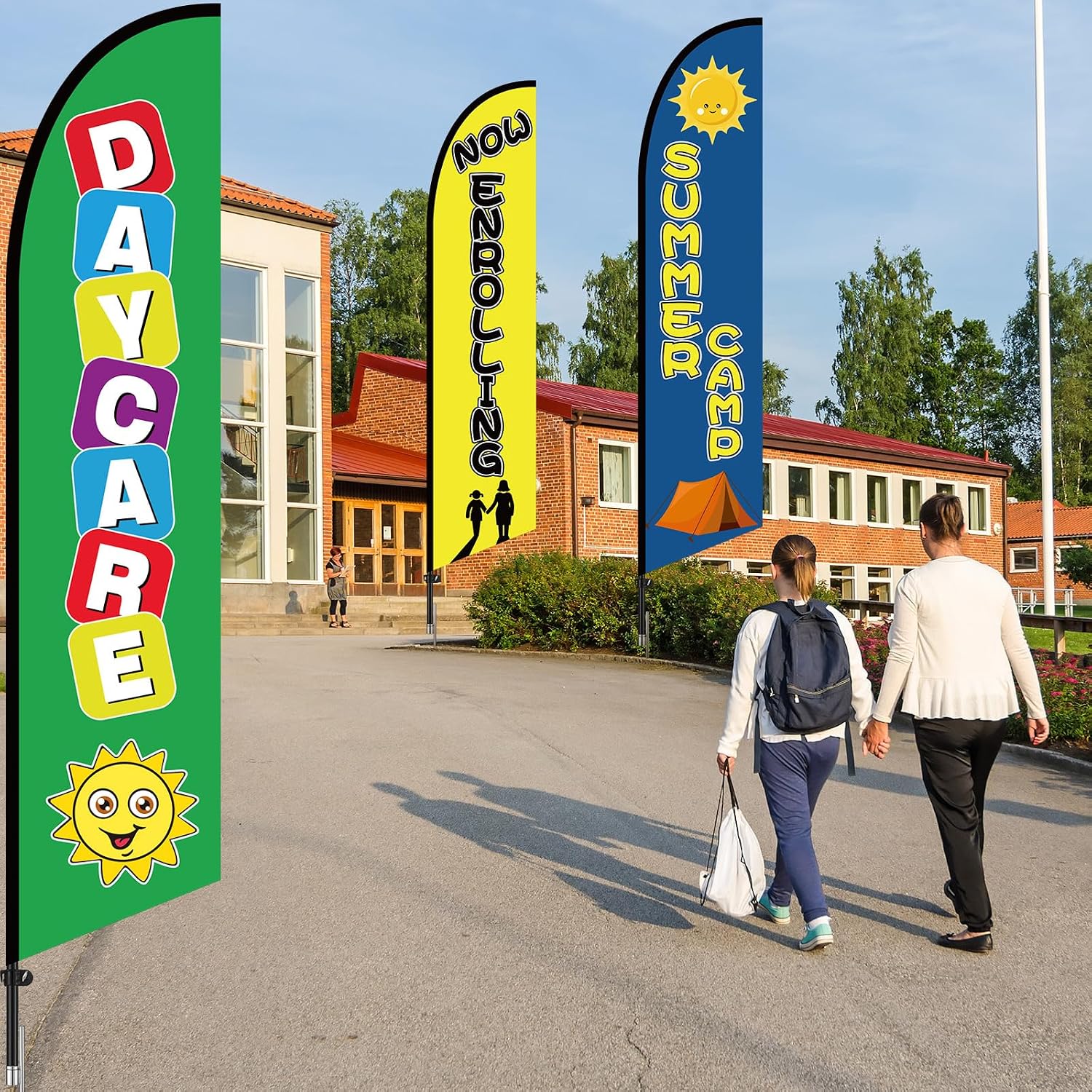 Gilprop 3 Pack 12ft Now Enrolling Daycare Summer Camp Flag Banner Outdoor Advertising Feather Banner Now Enrolling Signs for Outside Business Advertising Feather Flag Sign, No Poles