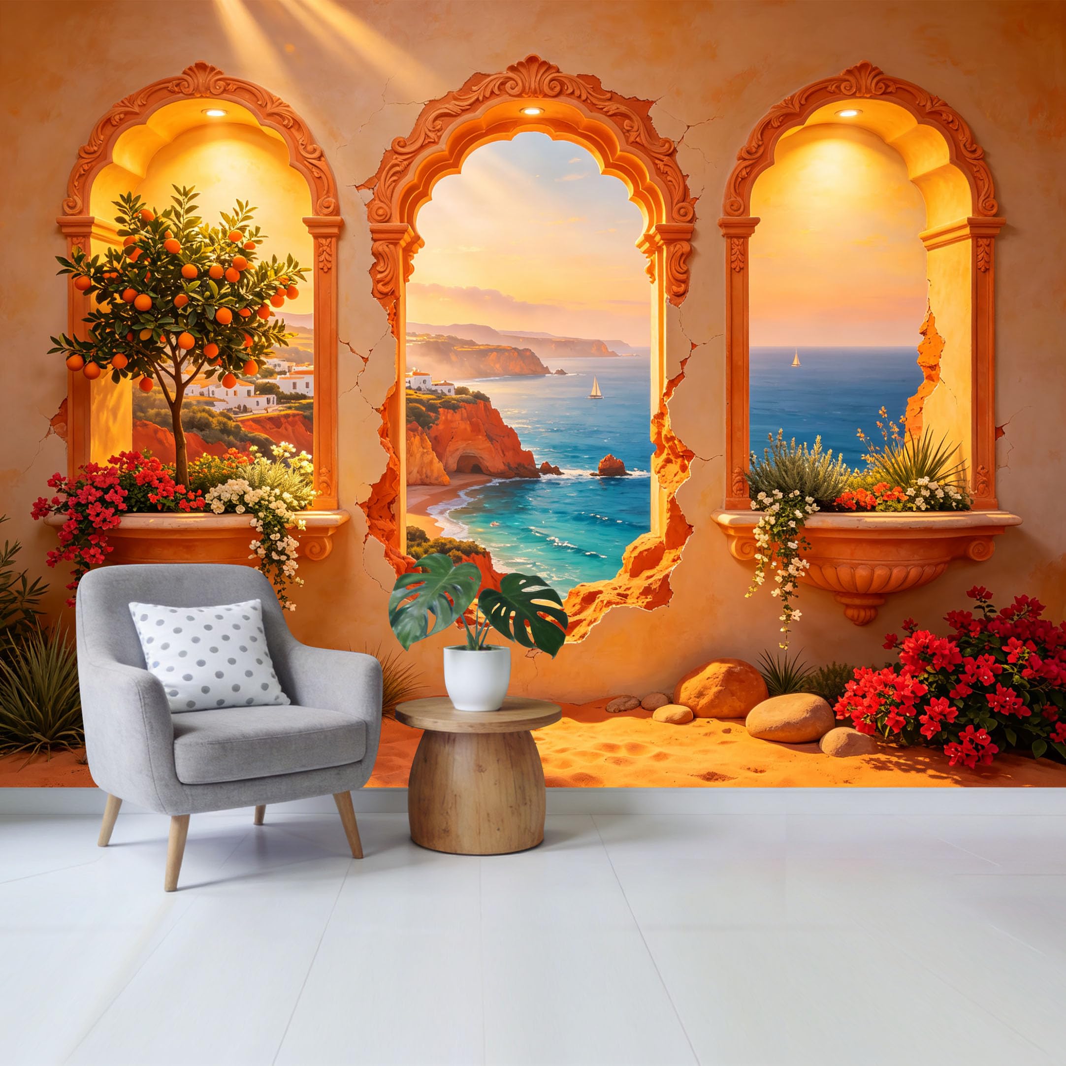 Custom Size Wall Mural Mediterranean Coastal Landscape Arch Window View Orange Tree Floral Garden Removable Self Adhesive Fabric Home Wall Decor for Living Room Bedroom Bathroom