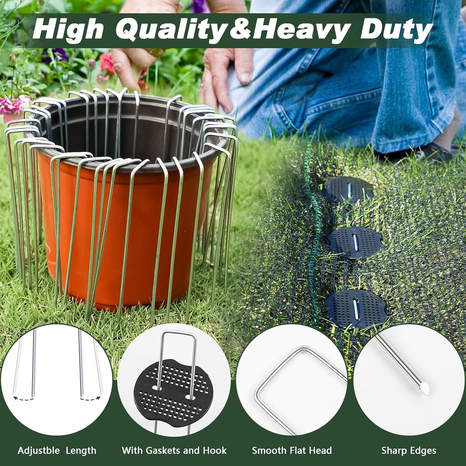 50 Piquetas+50 Arandelas+1recoger Gancho,Clavos Jardín,Grapas Césped Artificial,Clavijas de Jardín en Forma de U,Grapas Malla Antihierbas,Estacas de Jardín Antirust,Anclajes de Tierra,Grapas de Jardín