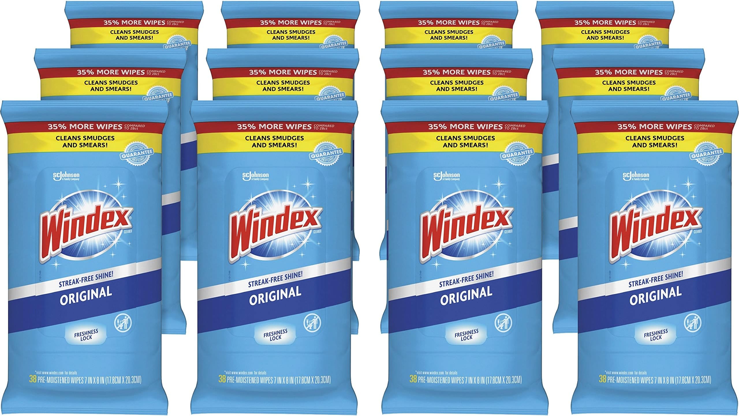 SC Johnson Windex Glass and Surface Wet Wipe, Cloth, 7 x 8, Unscented, White, 38/Pack, 12 Packs/Carton