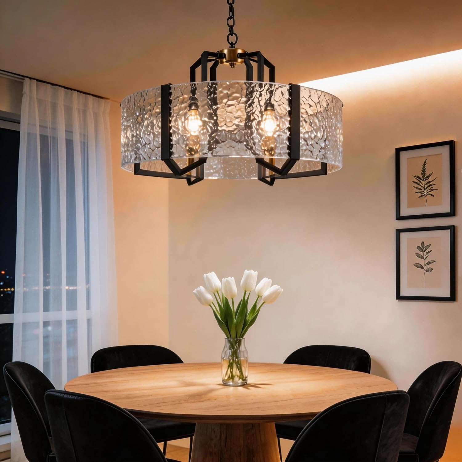COCOSTAR Modern Glass Drum Chandeliers for Dining Room,6 Lights Farmhouse Crystal Chandelier,24" Vintage Foyer Lighting Fixtures,Black and Gold Pendant Lights for Kitchen Island,Bedroom,Living Room