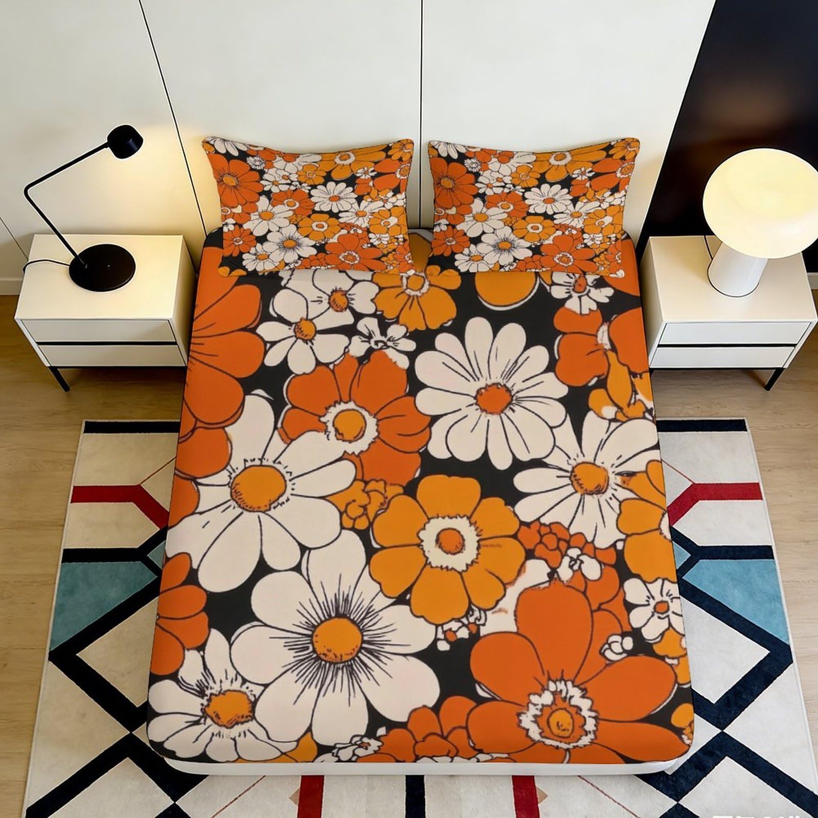 3D Printed Orange Daisy Fitted Sheet Microfiber Soft Floral Bed Sheet for Bedroom Guest Room Mattress Decor 90x200x25cm