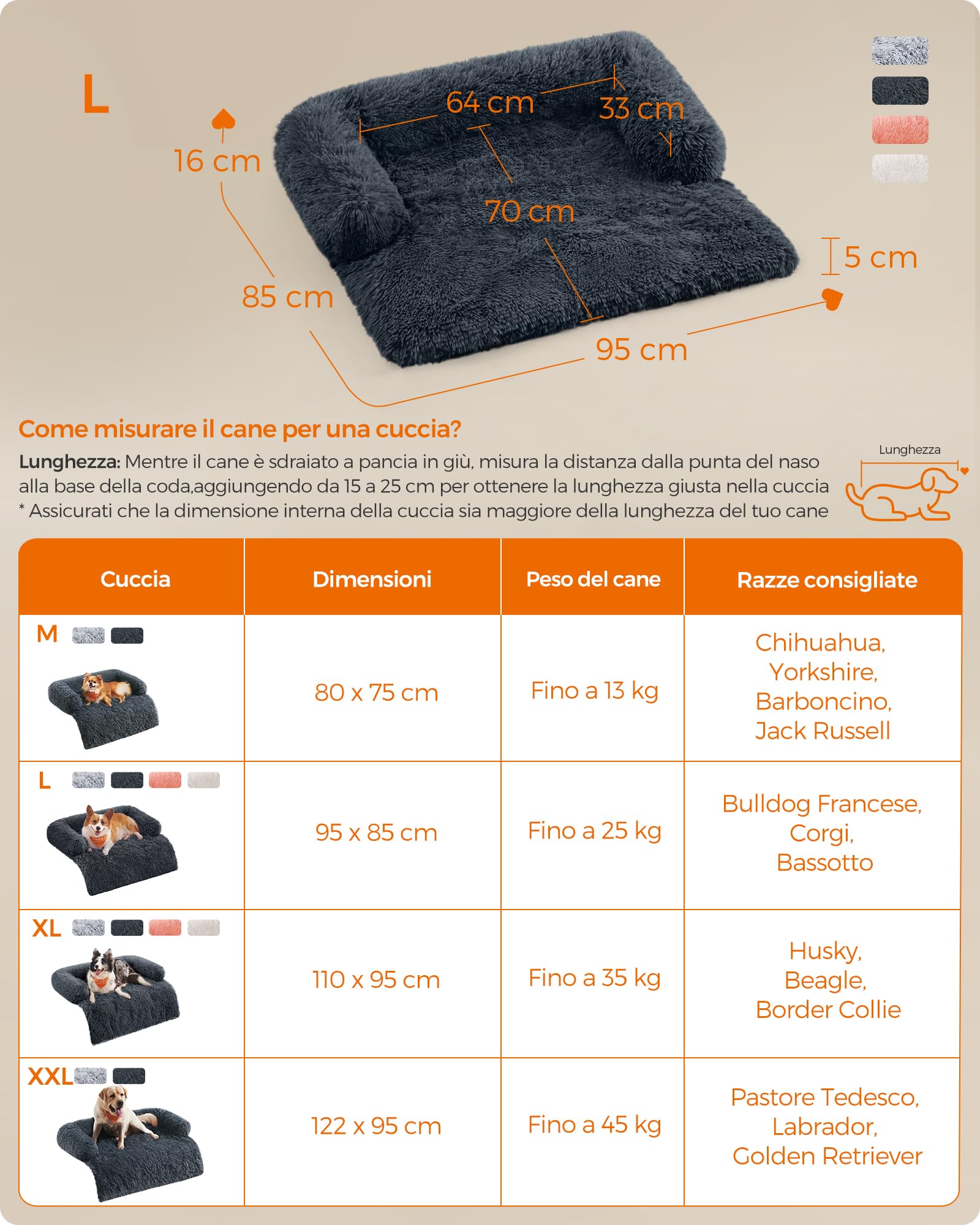 Feandrea FluffyHug Cuccia per Cani di Peluche, Tappeto Copridivano per Animali, Divano per Cani, L, per Cani Medi, 95 x 85 x 16 cm, Grigio Scuro PGW222G02