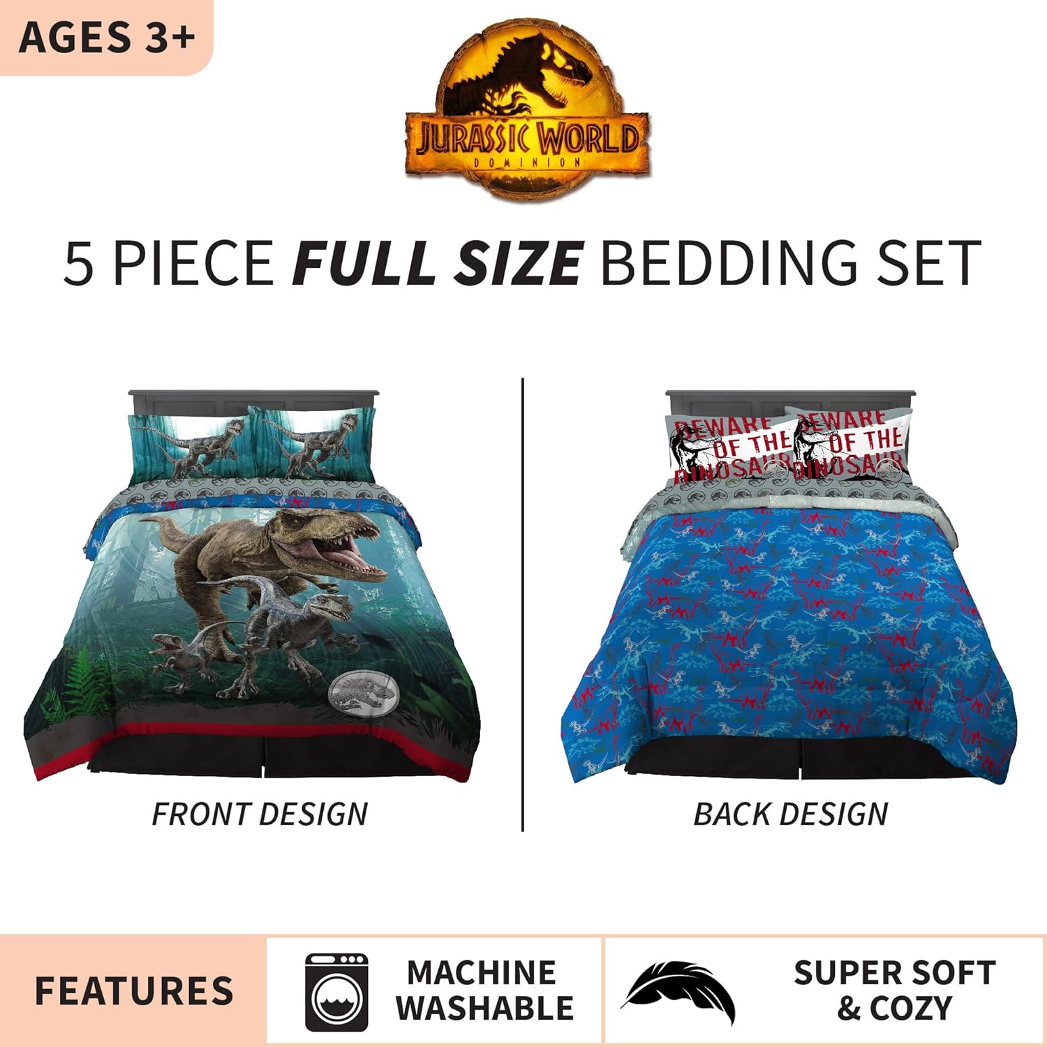 Franco Kids Bedding Super Soft Comforter and Sheet Set, 5 Piece Full Size, Jurassic World Dominion - Image 3