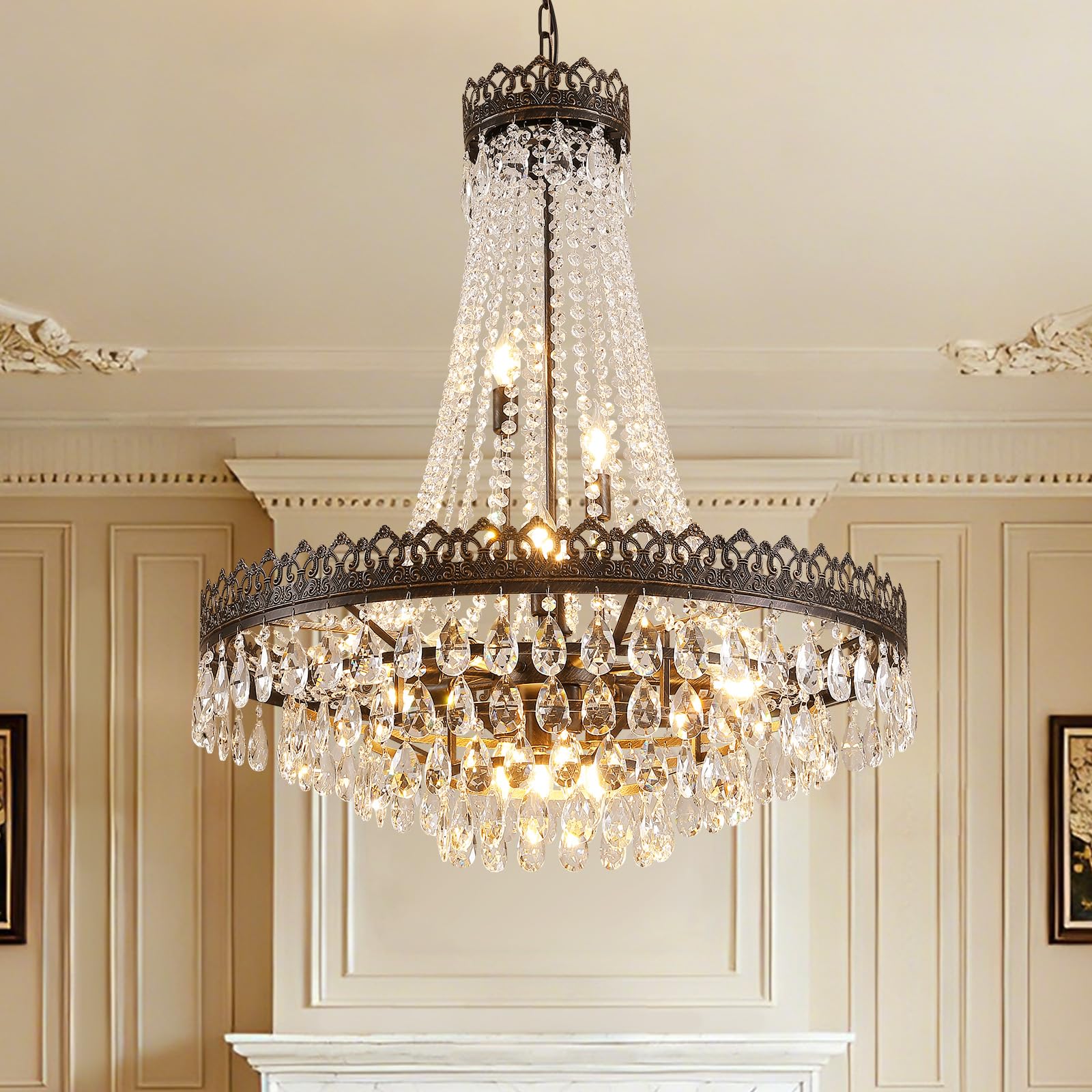 7PM Large French Empire Crystal Chandelier, Antique Bronze Chandelier 16-Light Vintage Luxury Chandelier Rustic Farmhouse Chandelier High Ceiling Light Fixture for Entryway, Foyer, Living Room