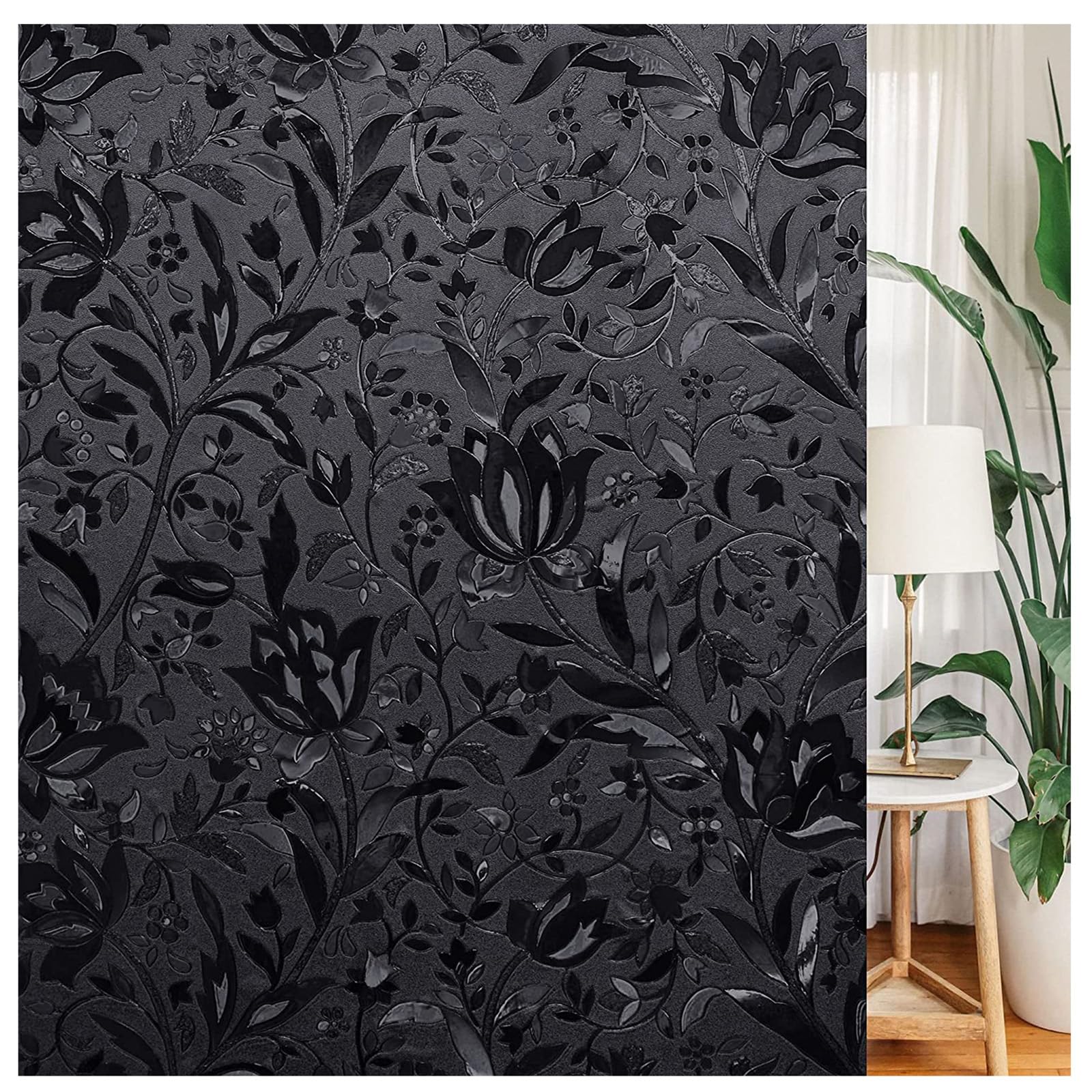 LEMON CLOUD Fensterfolie Blickdicht Selbsthaftende, Schwarz Verdunklungsfolie Statisch No-Glue Sichtschutzfolie, Anti-UV Sonnenschutzfolie für Schlafzimmer, Schwarz Tulpe - 75x200cm