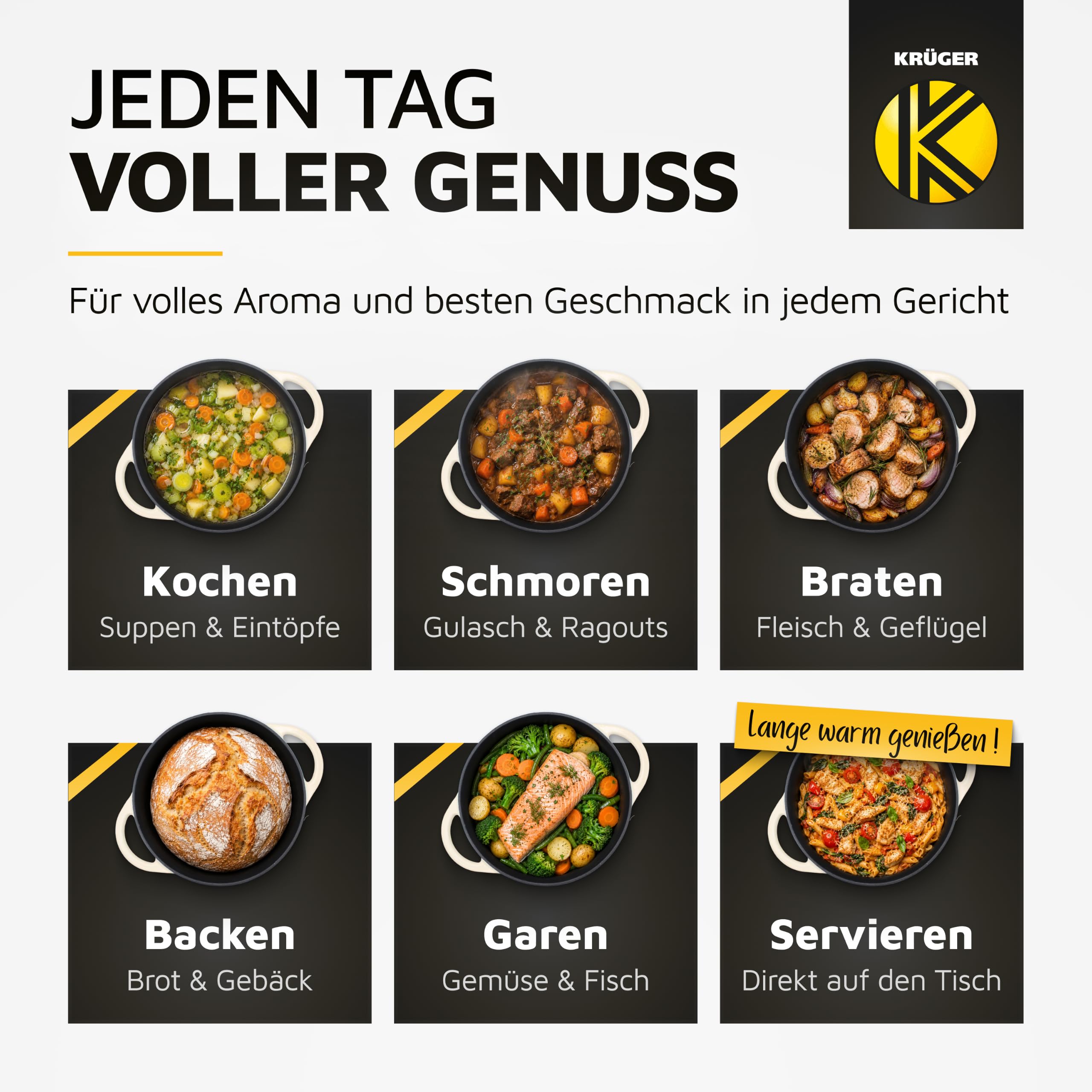 Krüger Gusseisen Schmortopf Savanna Ø 24 cm 4 L | Brotbacktopf creme matt | Massiver Vollguss-Eisen 4,6 kg | Ofenfest bis 240 °C | Brotbacken & Schmoren | Alle Herdarten inkl. Induktion | PFAS-frei