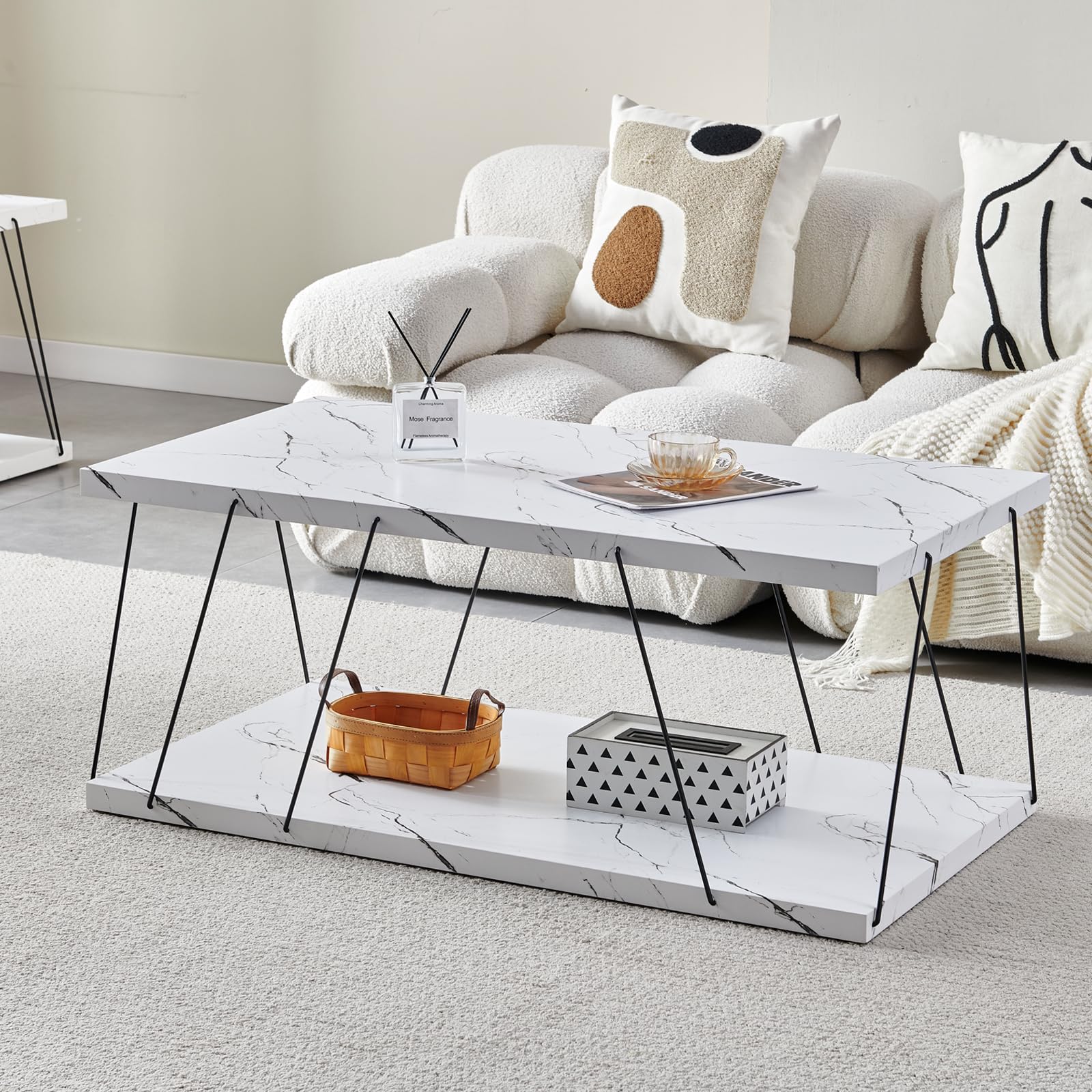 Btrpily Wooden Coffee Table - Modern Marble Coffee Table Contemporary Stylish High-End Furnishing for Your Living Room White