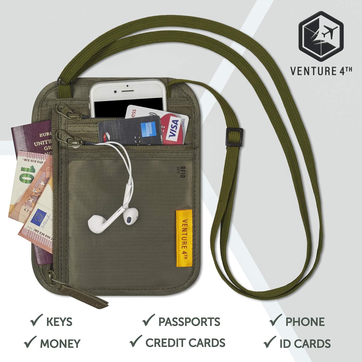 VENTURE 4TH RFID Blocking Travel Neck Wallet - Security Neck Pouch Passport Holder with Nylon Lining (Green) - Image 2