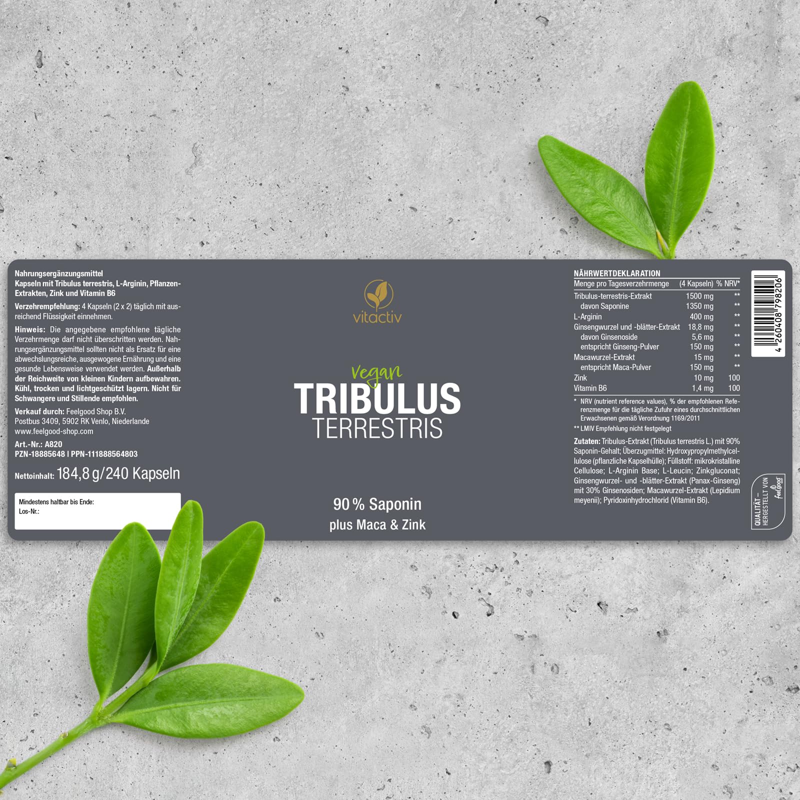 VITACTIV Tribulus Terrestris 1500 mg - 240 Kapseln Vegan - Tribulus Extrakt Hochdosiert, 90% Saponin – Mit Zink, plus L-Arginin, Maca, Ginseng, Vitamin B6