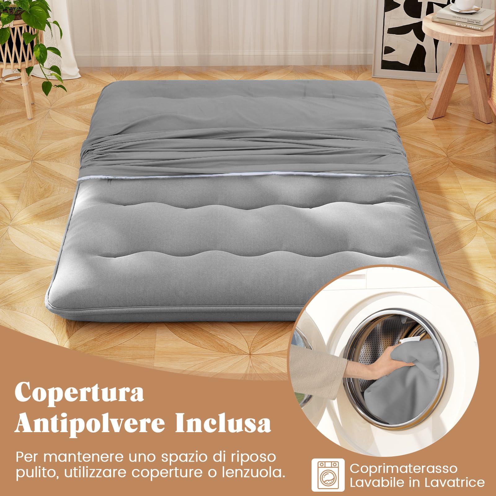 COSTWAY Materasso Futon Pieghevole, Materasso Portatile con Sacca da Trasporto per Camping, Materasso da Terra con Copertura Lavabile (Grigio,200 x 140 cm)