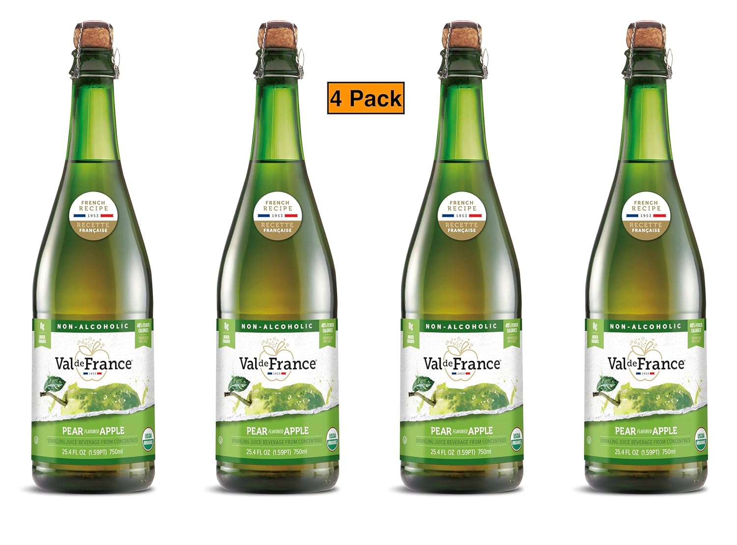Val de France, Non-Alcoholic, Reduced Calorie, Organic and OU Kosher Sparkling Juice (Pear), 25.4 Fl Oz (Pack of 4)