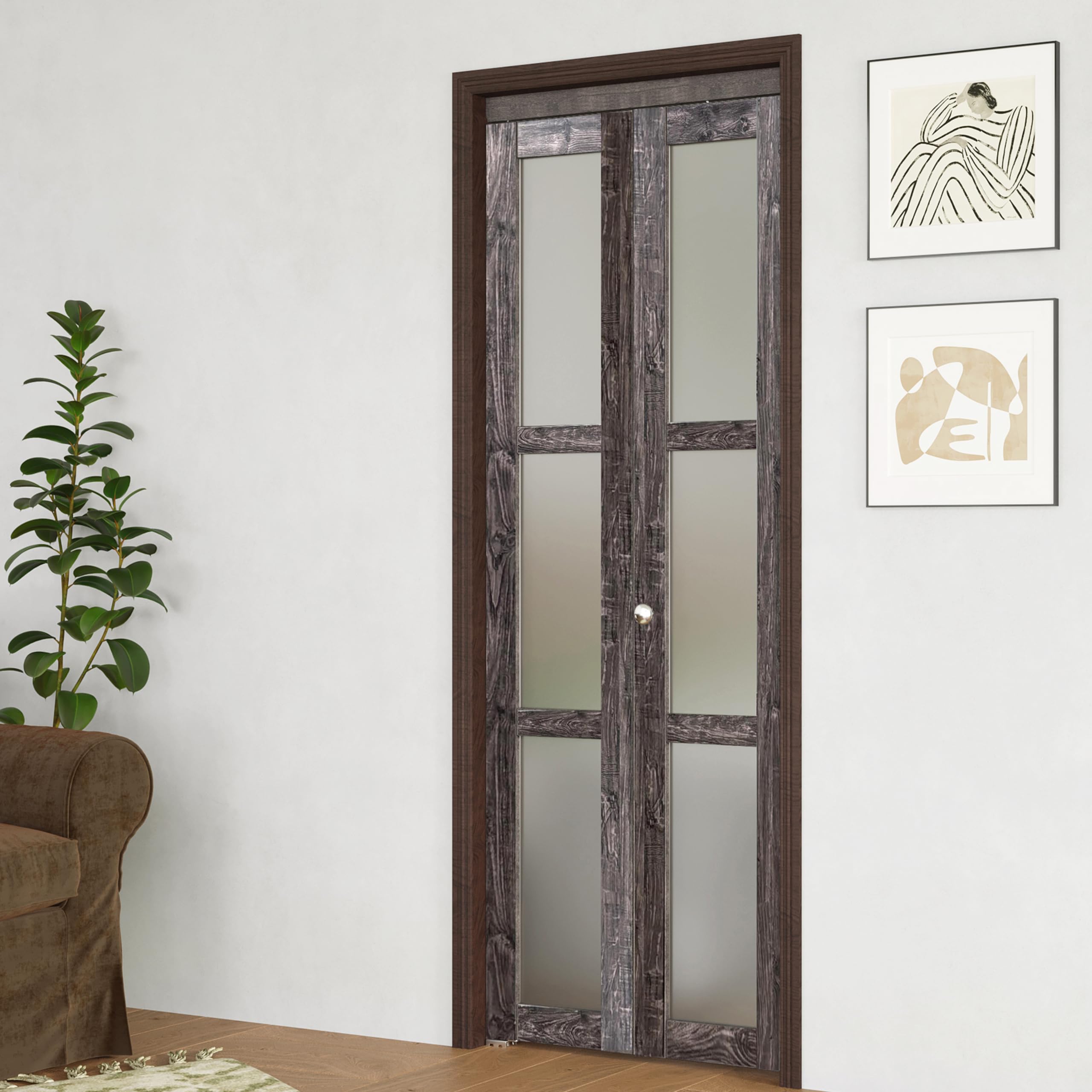 BARNER HOME Bifold Door, for 36in x 80in Opening, 3-lite Tempered Frosted Glass Closet Door with Hardware Kit Included, MDF, Ancient Wood Color