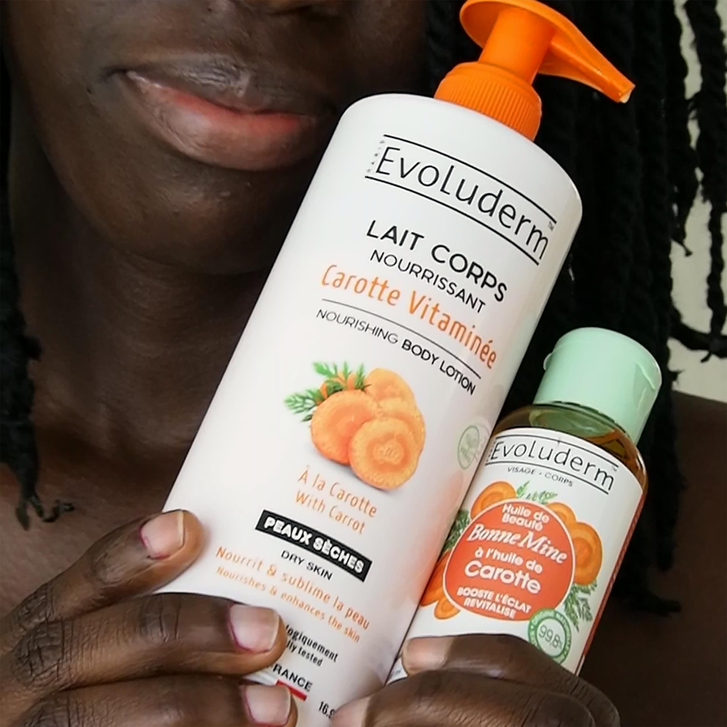 EVOLUDERM – Routine Éclat 6 produits Visage & Corps – 1 Lait + 2 Huiles + 1 Sérum Vitamine C + 1 Gommage Agrumes + 1 Lait Éclaircissant + Gant Exfoliant Offert – idée Cadeau - Fabrication Française