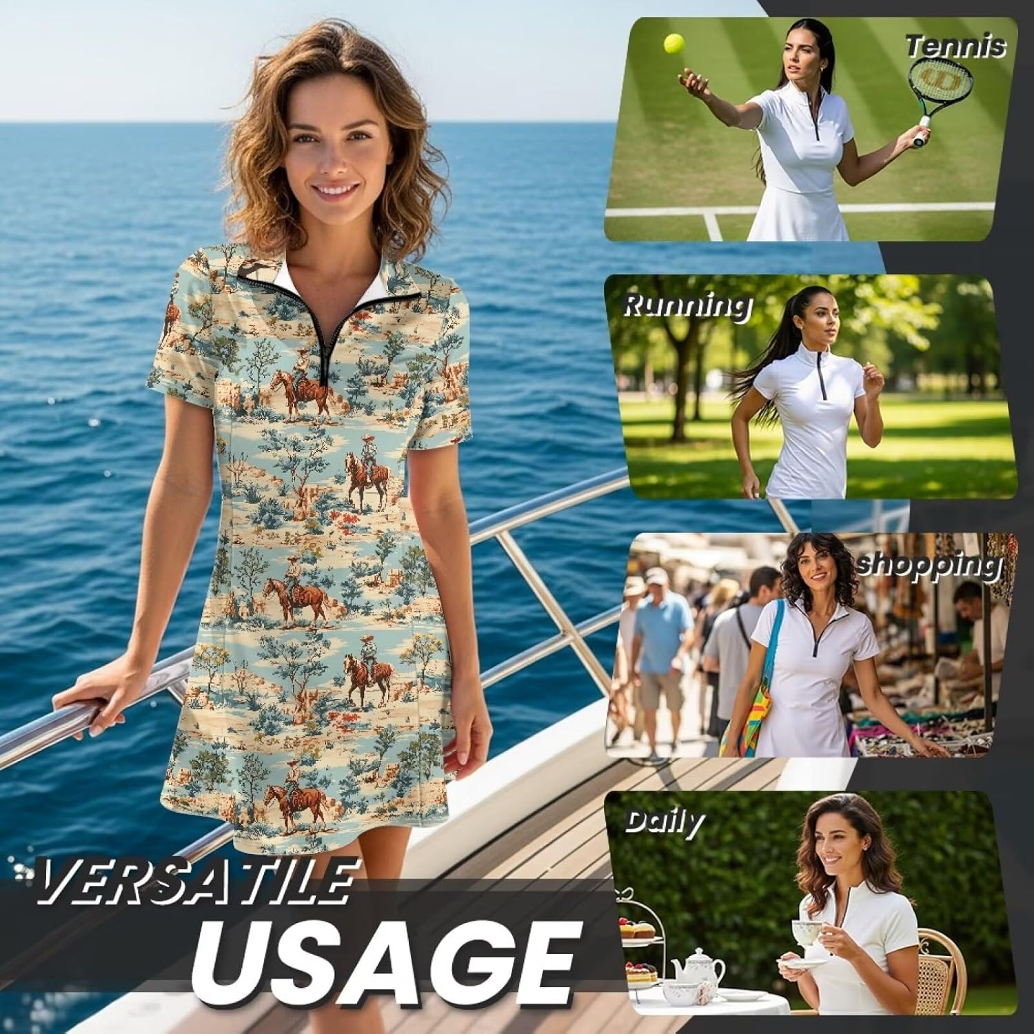 Short Sleeve Athletic Dress Womens Zipper Tennis Dress with Built in Shorts Golf Athletic Outfits Dresses