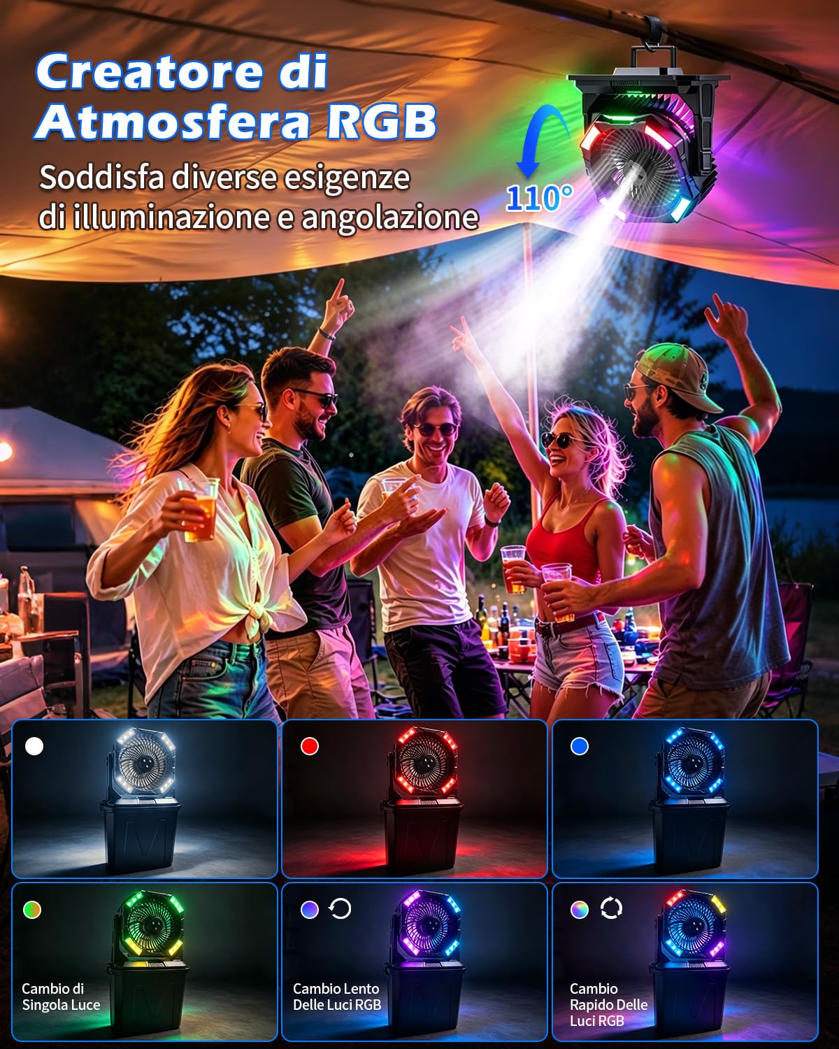 yAyusi 10L Grandi Ventilatore Nebulizzatore Portatile per Esterni con Luce RGB, 3-in-1 20000mAh Ventilatore Ricaricabile con Telecomando e Timer,4 Velocità Vento 4 Modalità Spruzzo per Patii/Camp/Golf