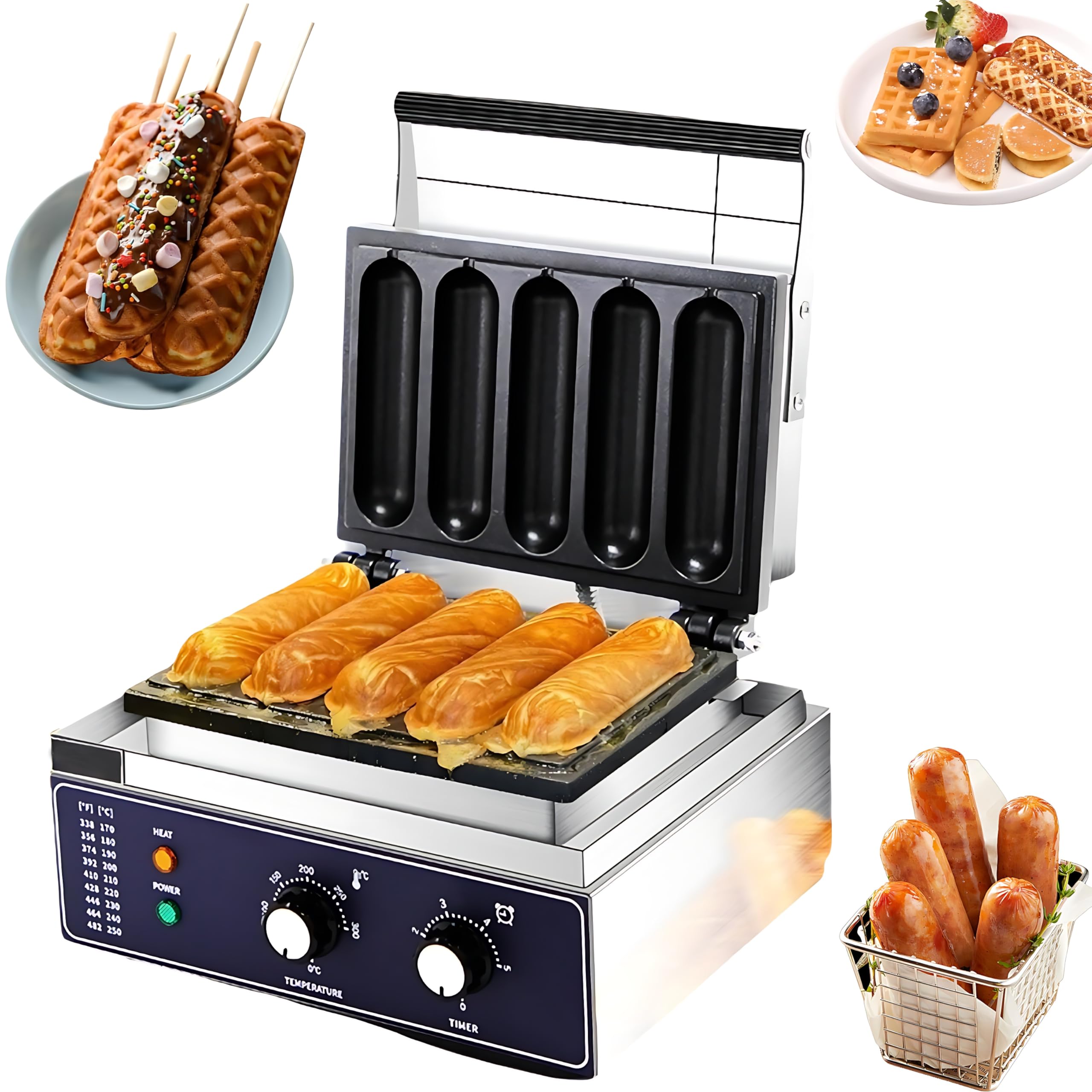 Opiekacz do Pączków z Kiełbaską 1500W, Komercyjna Prasa do Hot Dogów z Regulacją Temperatury 0-300°C, Nieprzywierające Płyty, Stal Nierdzewna do Domu i Firmy