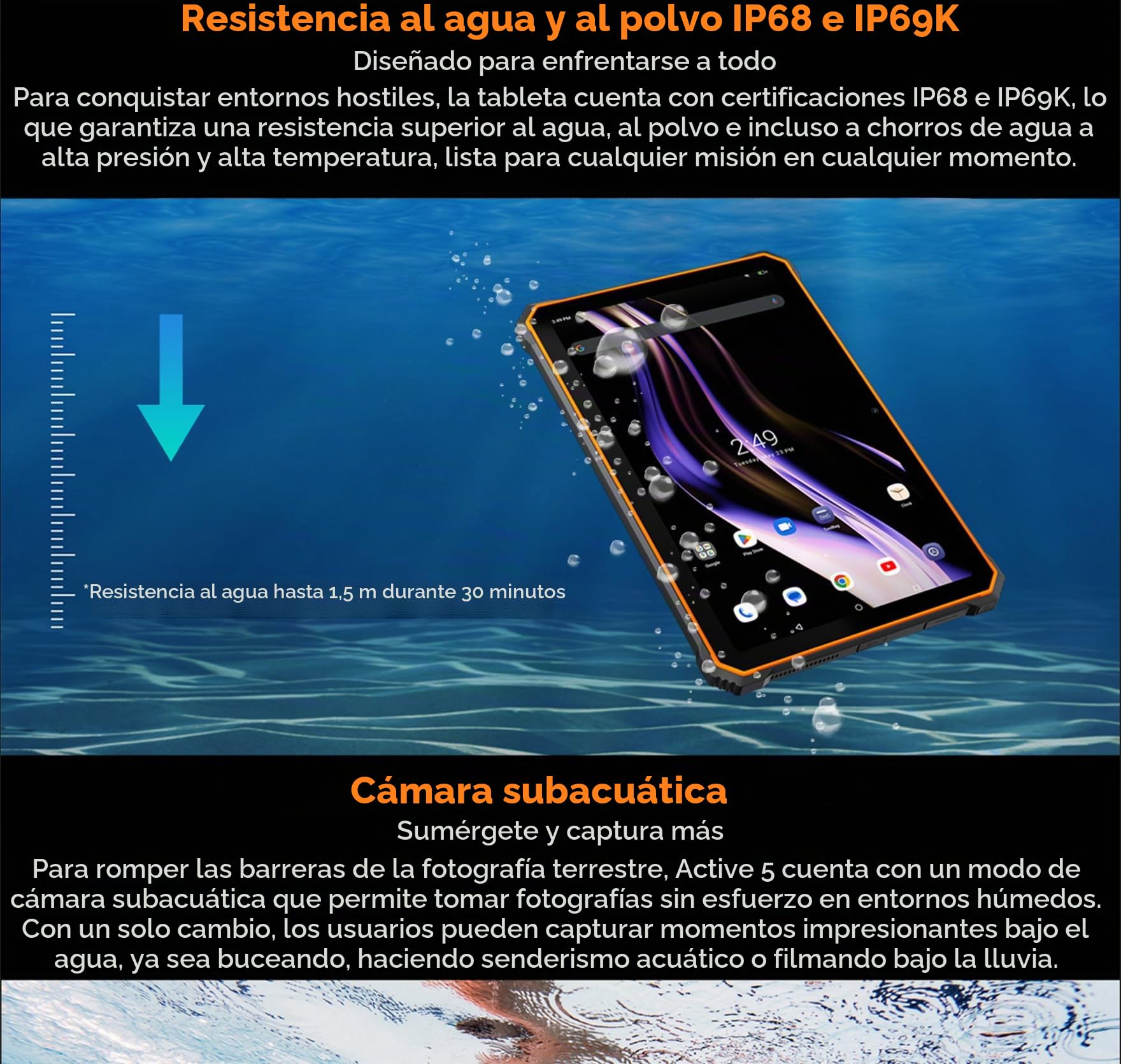 Blackview Active 5 IA Tablet Teléfono Resistente, 3 Modelos de IA, 8.68" HD+ 90Hz, Impermeable IP68/IP69K Android 15 Antigolpes, 24GB+128GB, Dual SIM 4G LTE, 16MP+13MP, GPS Huella Digital Naranja