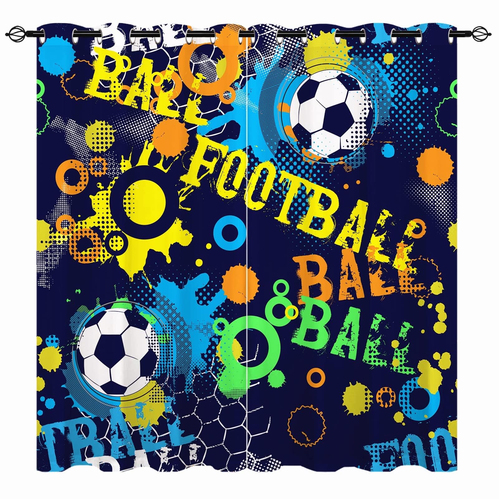 YUANZU Boys Curtains - Kids Abstract Colorful Sport Football Print Pattern Eyelet Blackout Thermal Insulated & Room Darkening Window Drapes for Nursery Baby Bedroom Playroom 2 Panels W106cm x D160cm